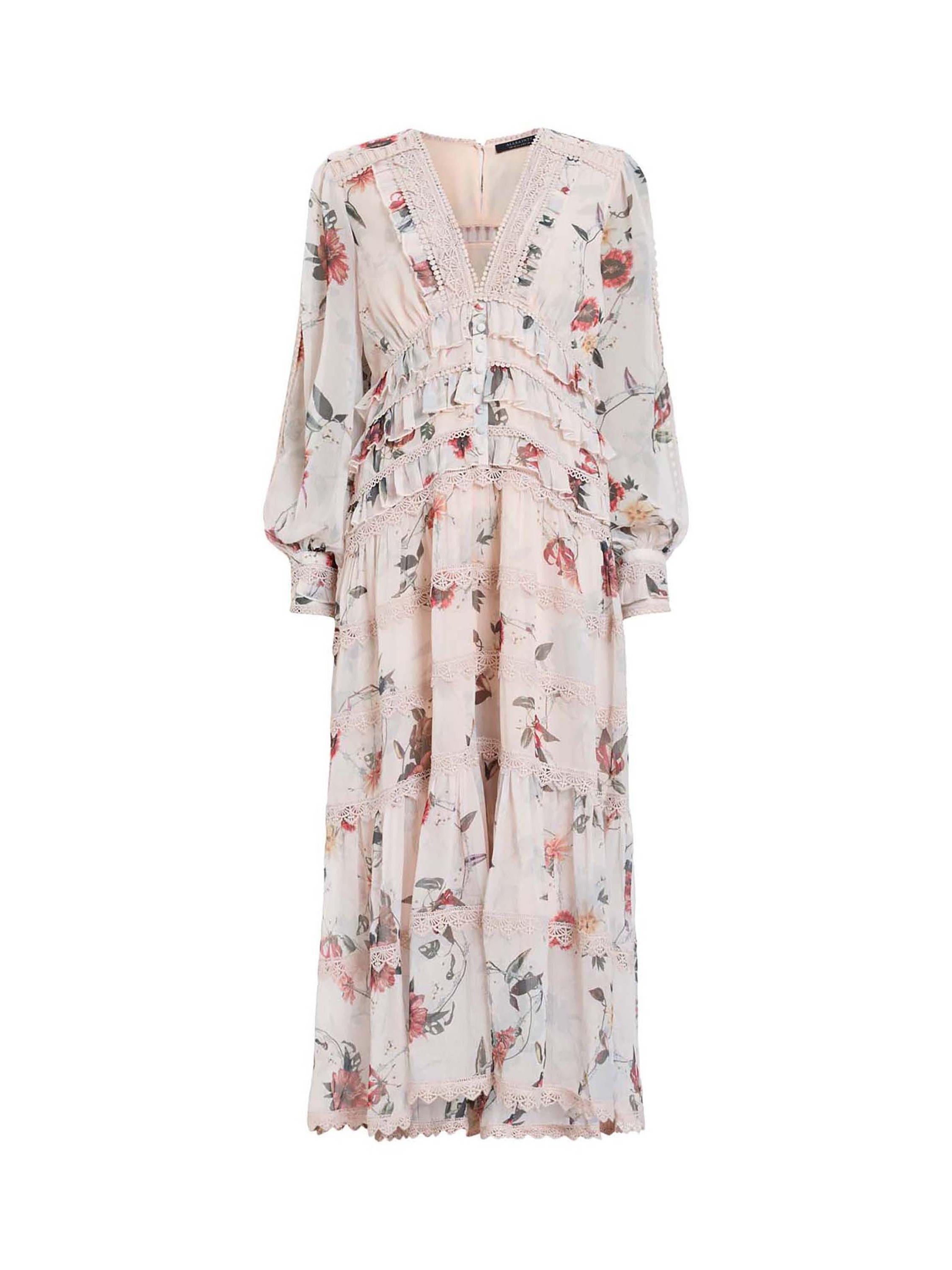 Product image 4 of 8, which shows AllSaints Zora Floral Ruffle Dress, Off White/Multi, 10