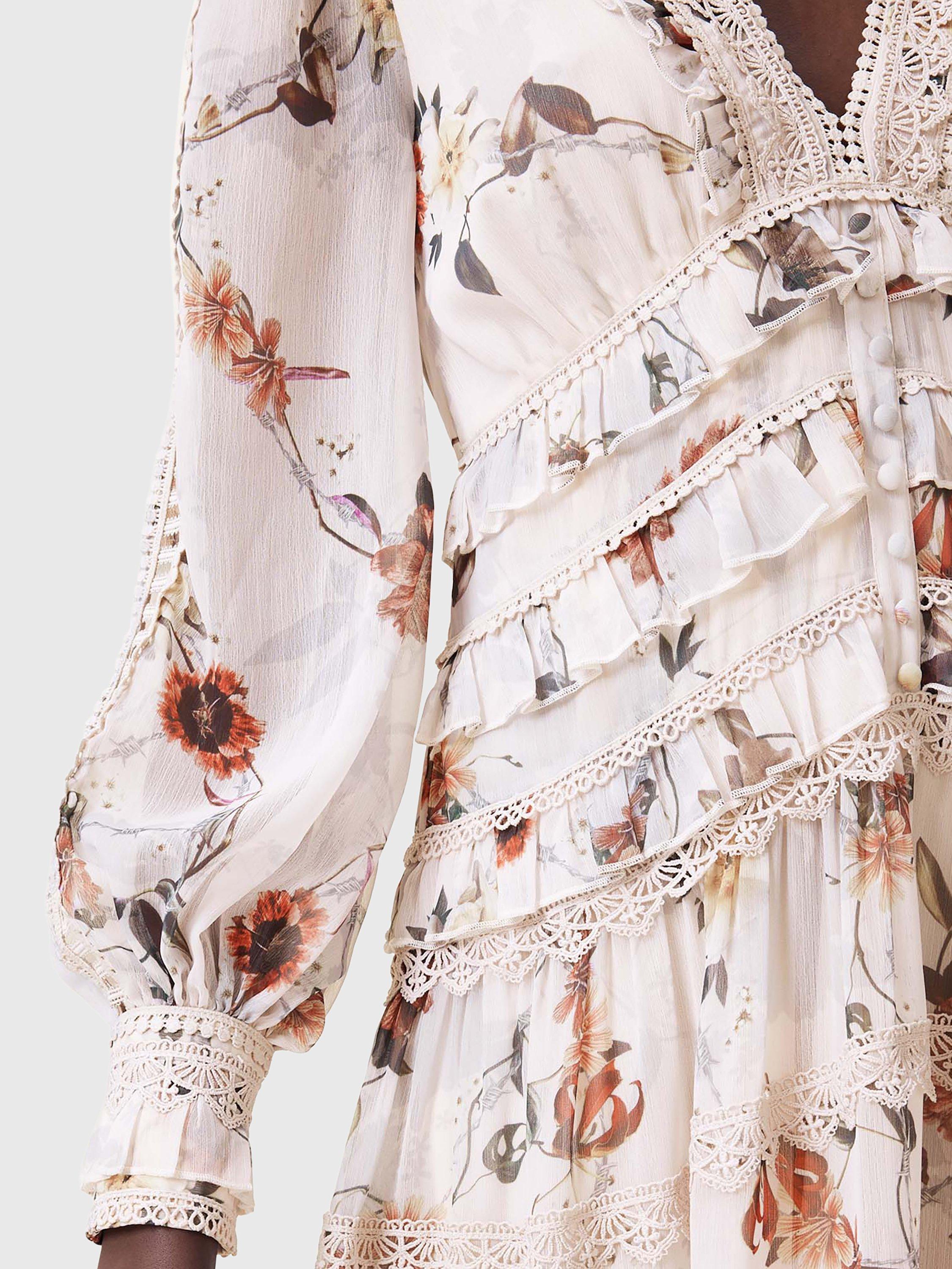 Product image 6 of 8, which shows AllSaints Zora Floral Ruffle Dress, Off White/Multi, 10