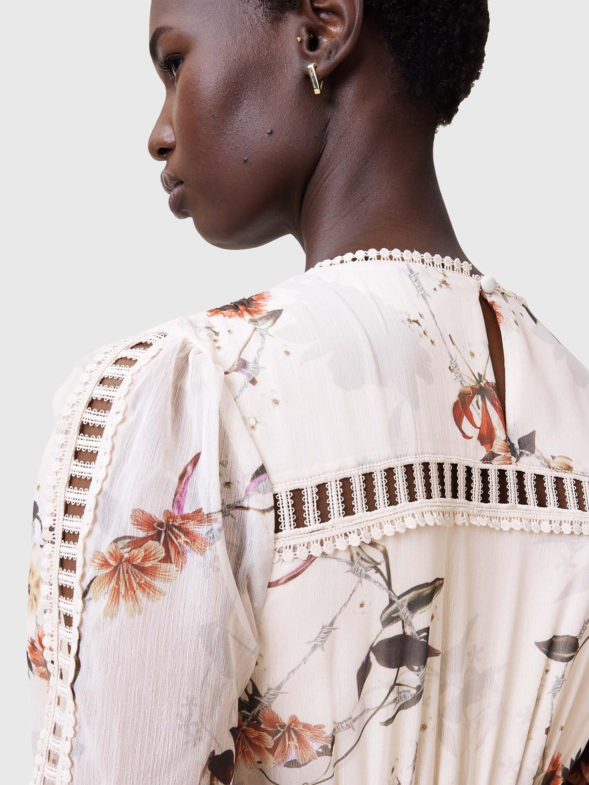 Product image 7 of 8, which shows AllSaints Zora Floral Ruffle Dress, Off White/Multi, 10