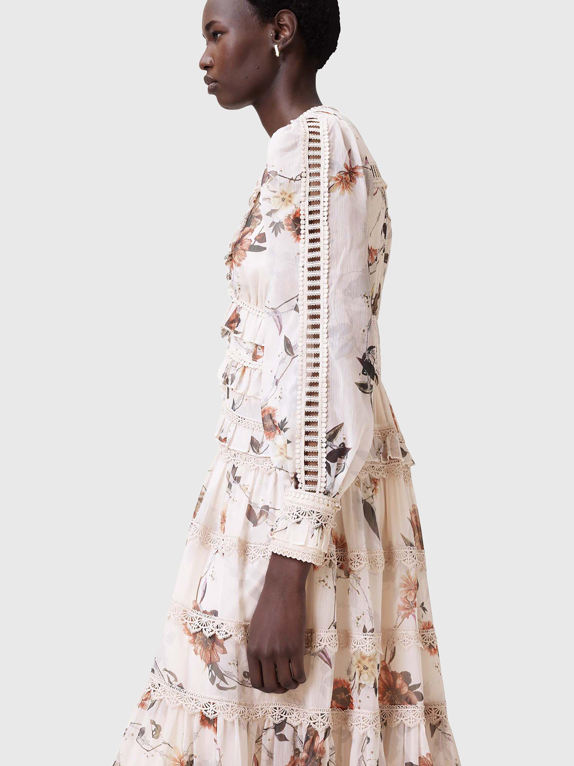 Product image 8 of 8, which shows AllSaints Zora Floral Ruffle Dress, Off White/Multi, 10