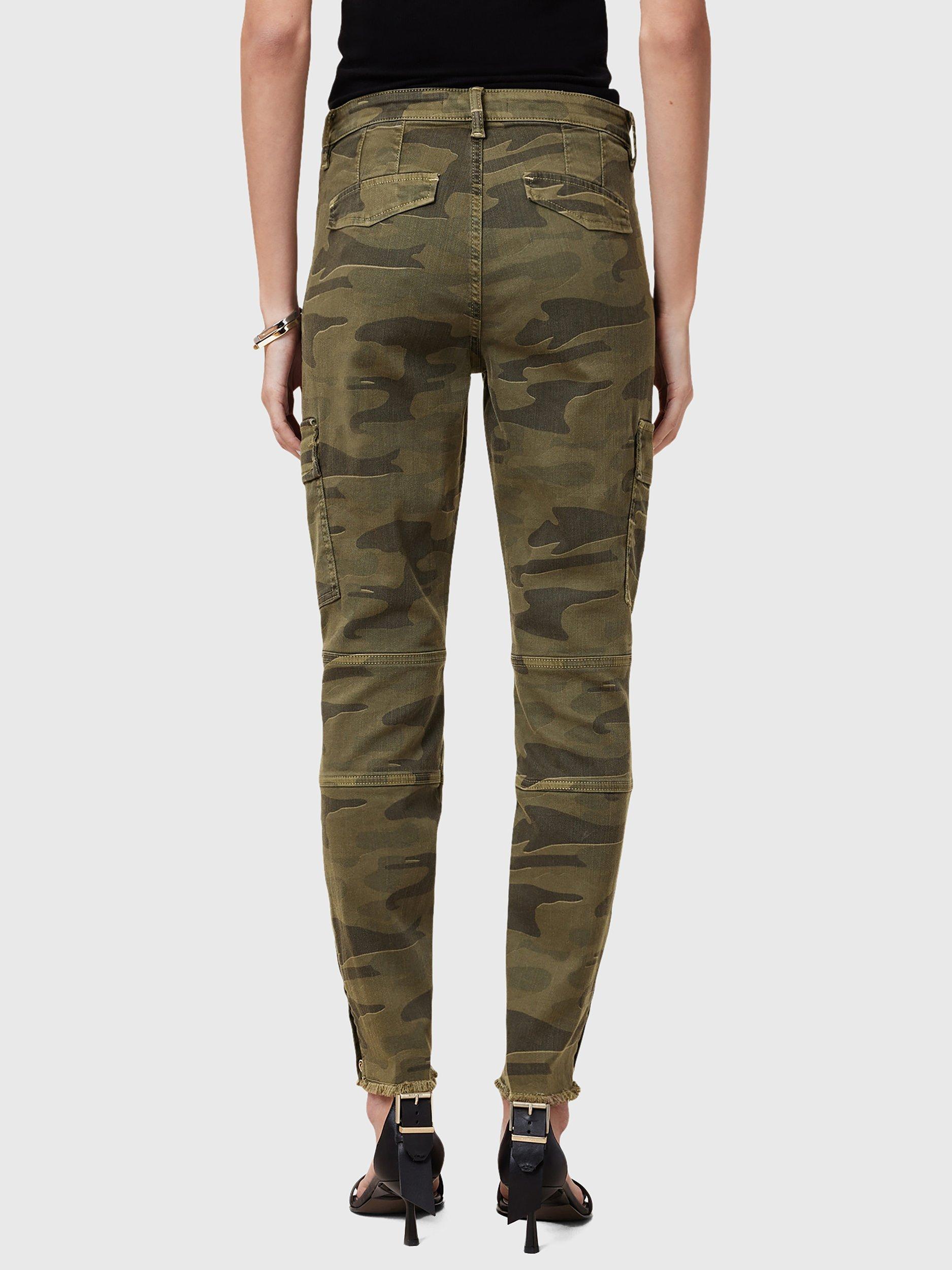 Product image 2 of 8, which shows AllSaints Duran Camouflage Skinny Cargo Trousers, Camo Green, 25
