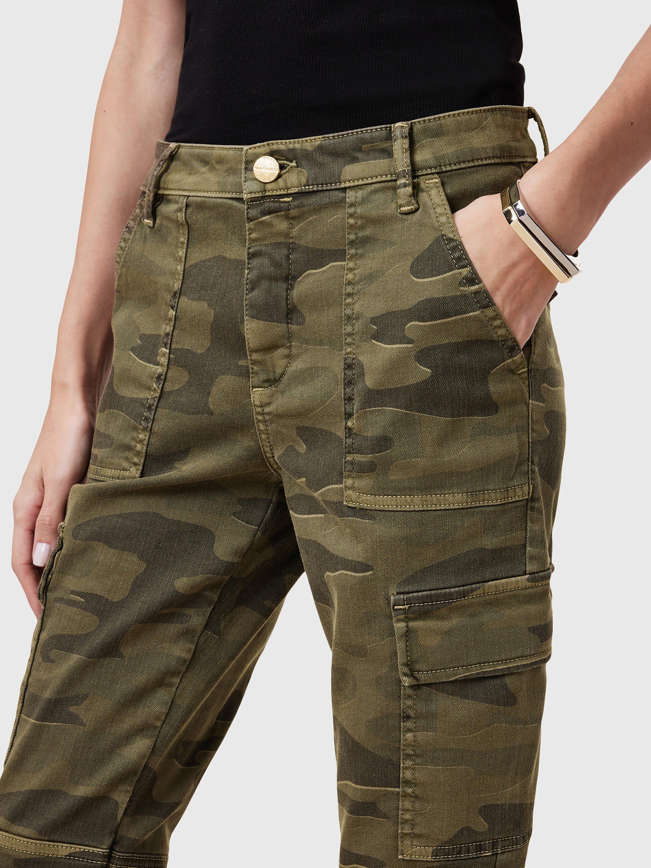 Product image 5 of 8, which shows AllSaints Duran Camouflage Skinny Cargo Trousers, Camo Green, 25
