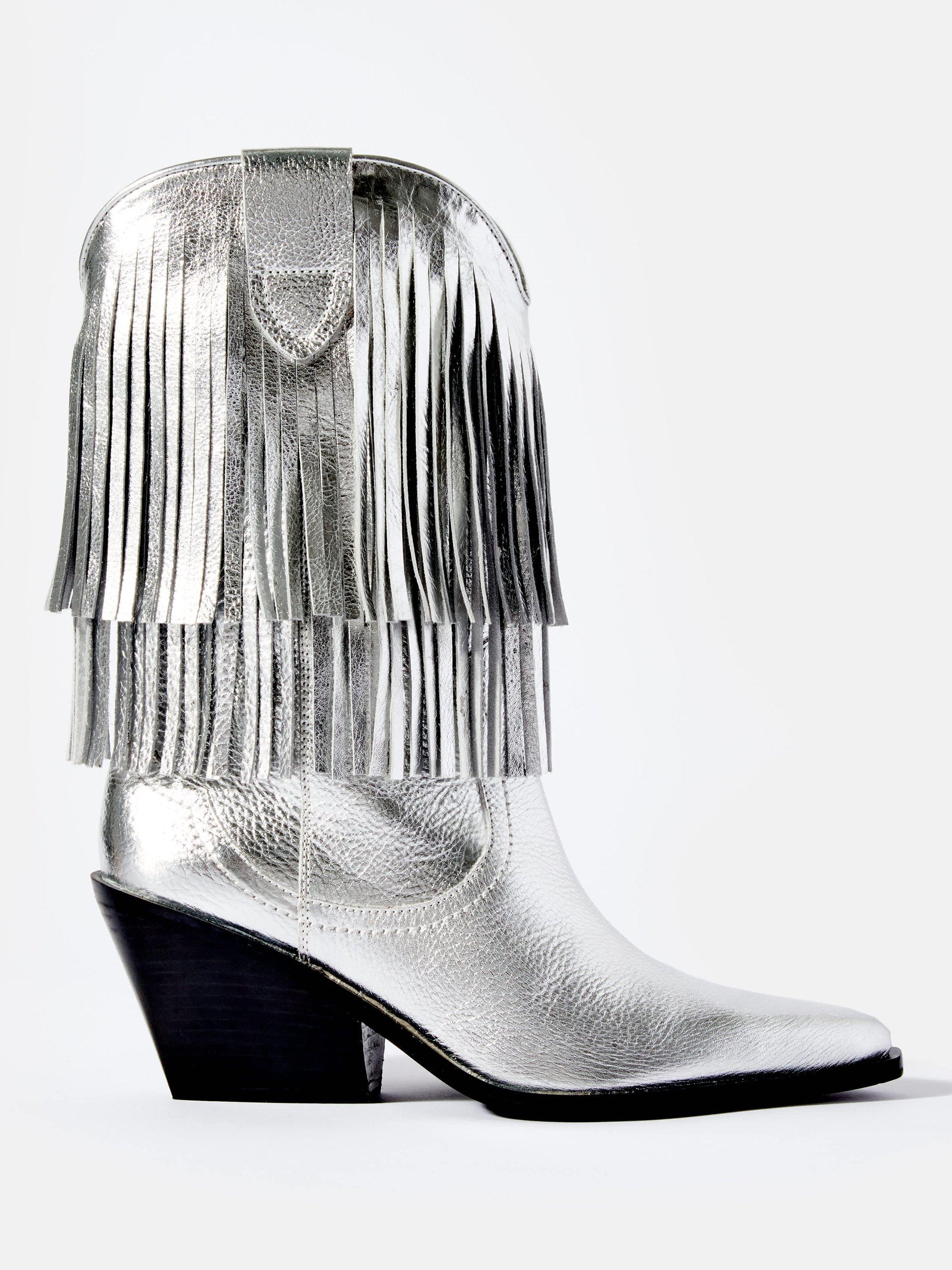 Product image 1 of 5, which shows Mint Velvet Annie Leather Fringe Cowboy Boots, Silver, 3