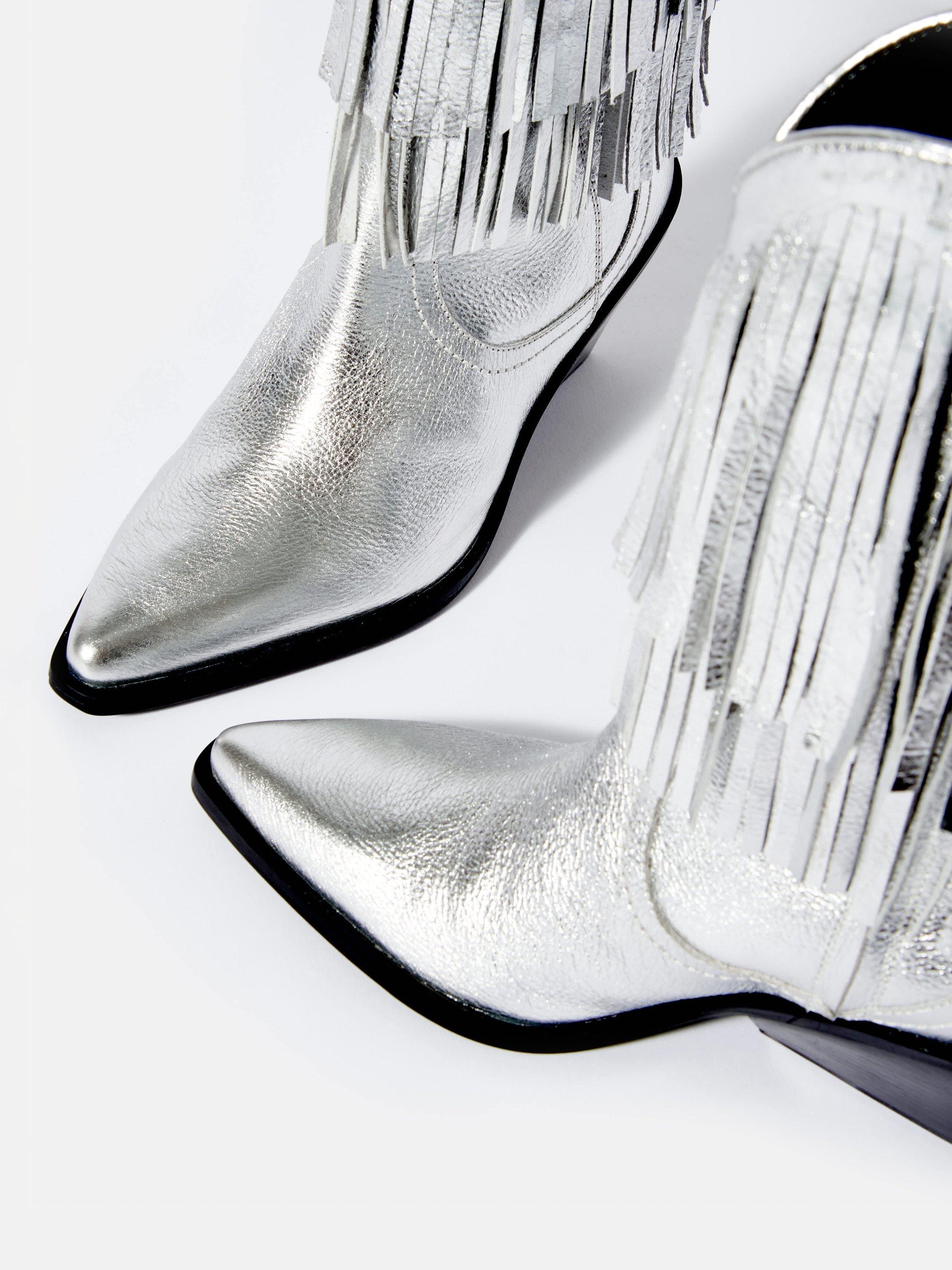Product image 5 of 5, which shows Mint Velvet Annie Leather Fringe Cowboy Boots, Silver, 3