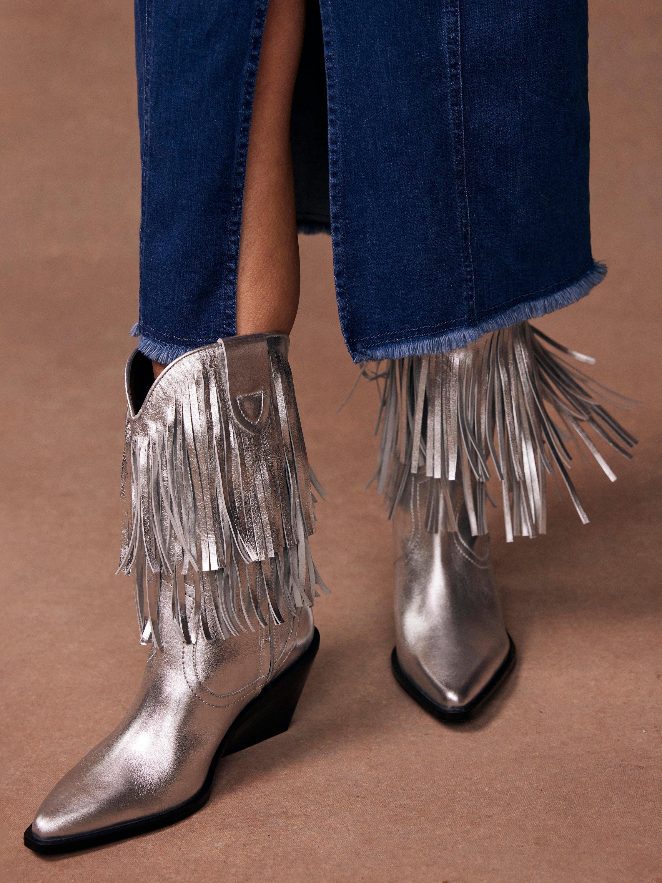 Product image 2 of 5, which shows Mint Velvet Annie Leather Fringe Cowboy Boots, Silver, 3