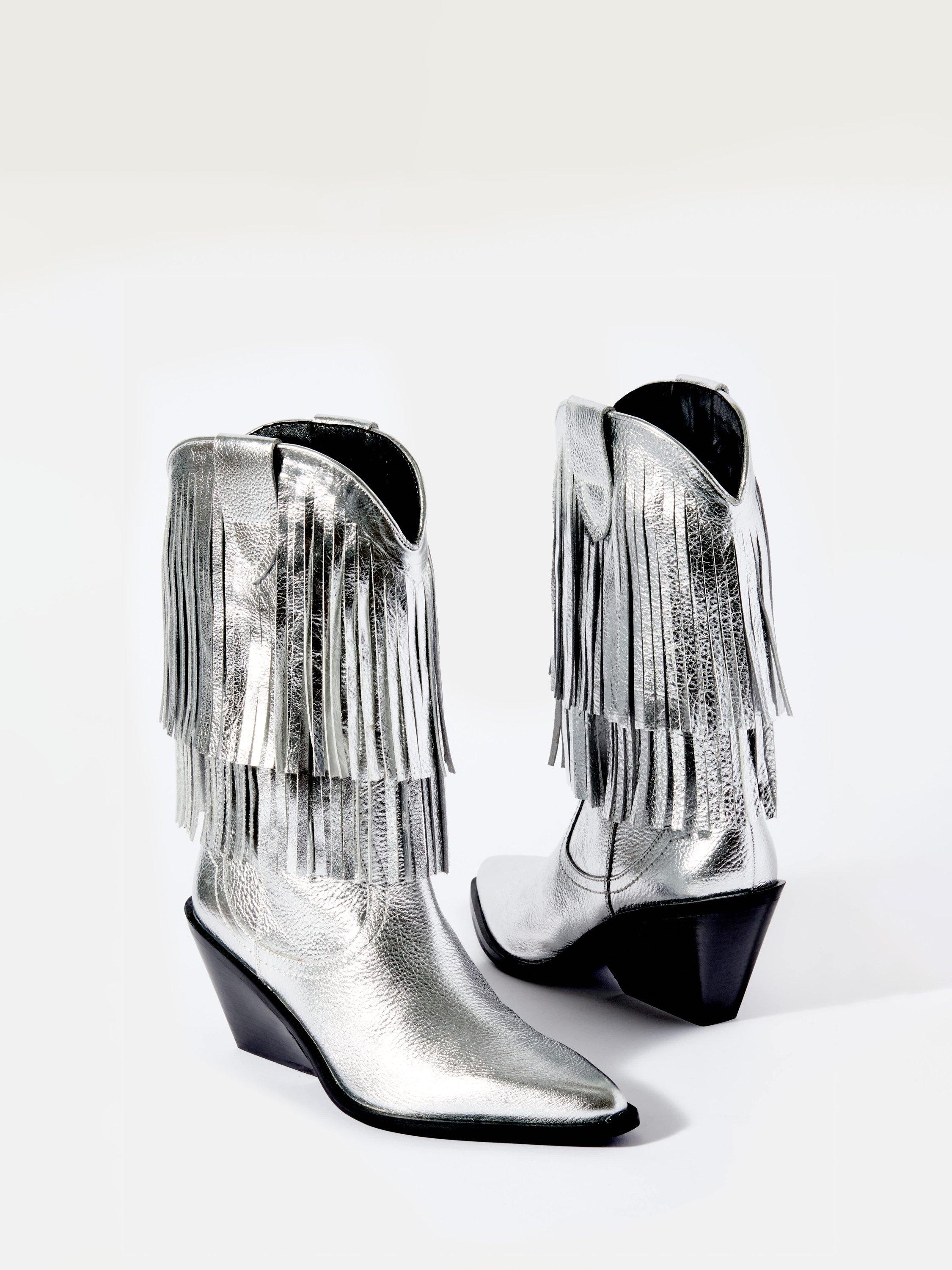 Product image 3 of 5, which shows Mint Velvet Annie Leather Fringe Cowboy Boots, Silver, 3