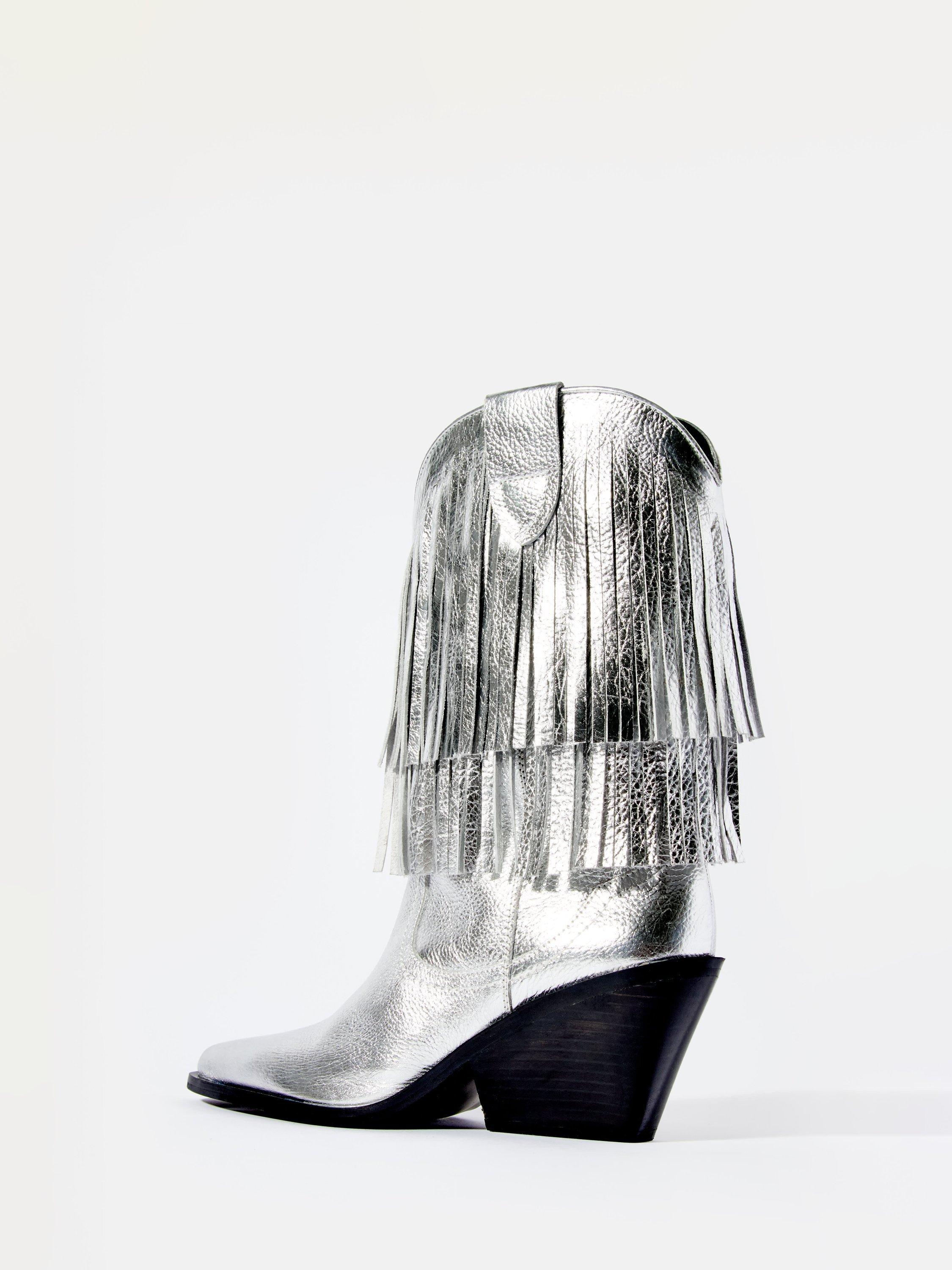 Product image 4 of 5, which shows Mint Velvet Annie Leather Fringe Cowboy Boots, Silver, 3