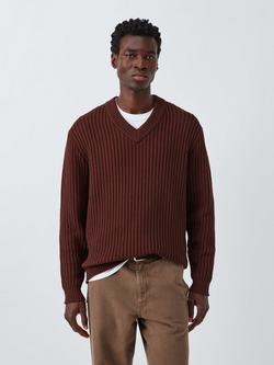 Kin Chunky Rib Cotton Blend V-Neck Jumper, Bitter Chocolate, Bitter Chocolate