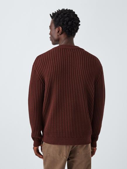 Kin Chunky Rib Cotton Blend V-Neck Jumper, Bitter Chocolate - view 2, Bitter Chocolate
