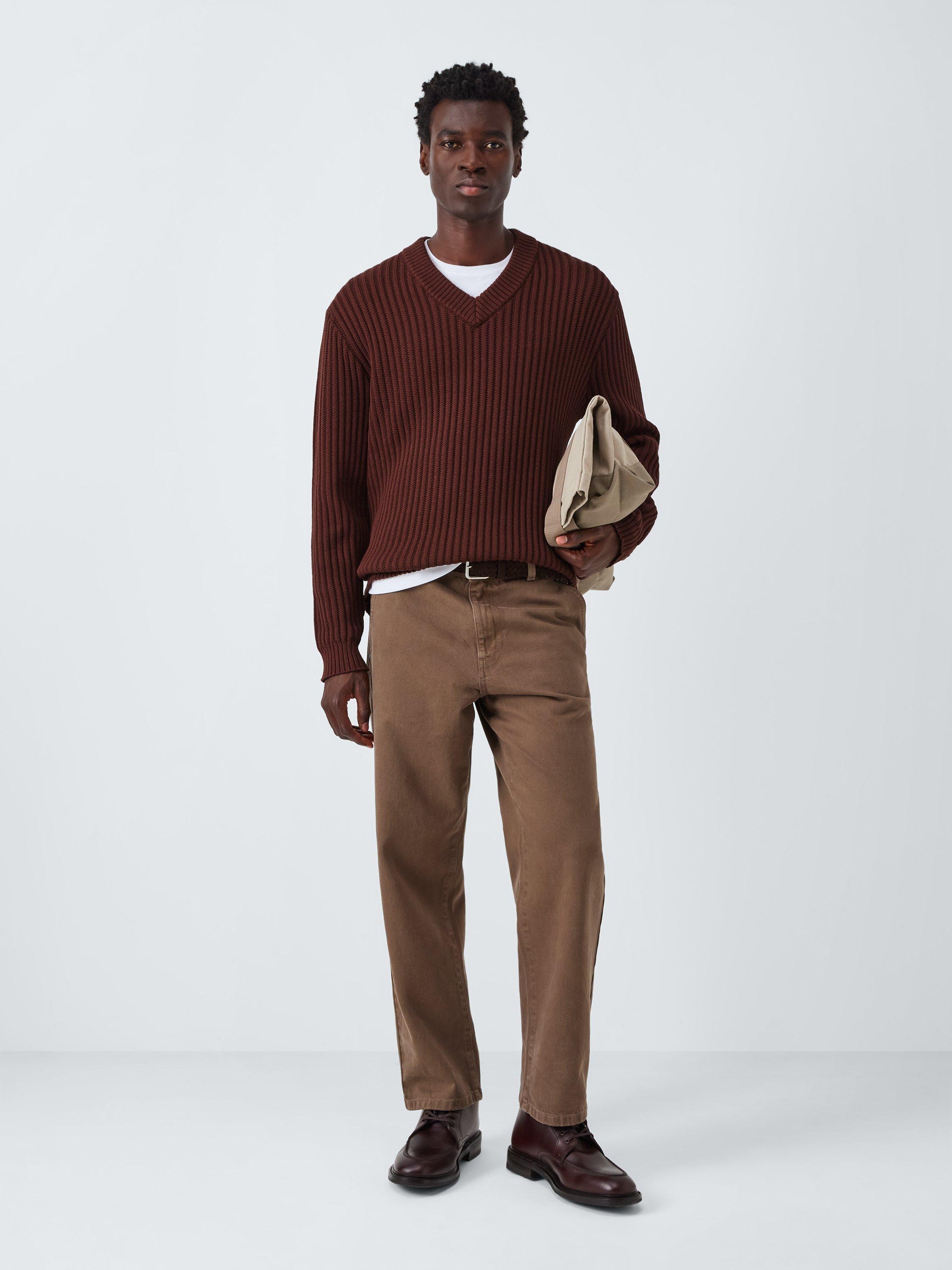 Product image 3 of 6, which shows Kin Chunky Rib Cotton Blend V-Neck Jumper, Bitter Chocolate, S