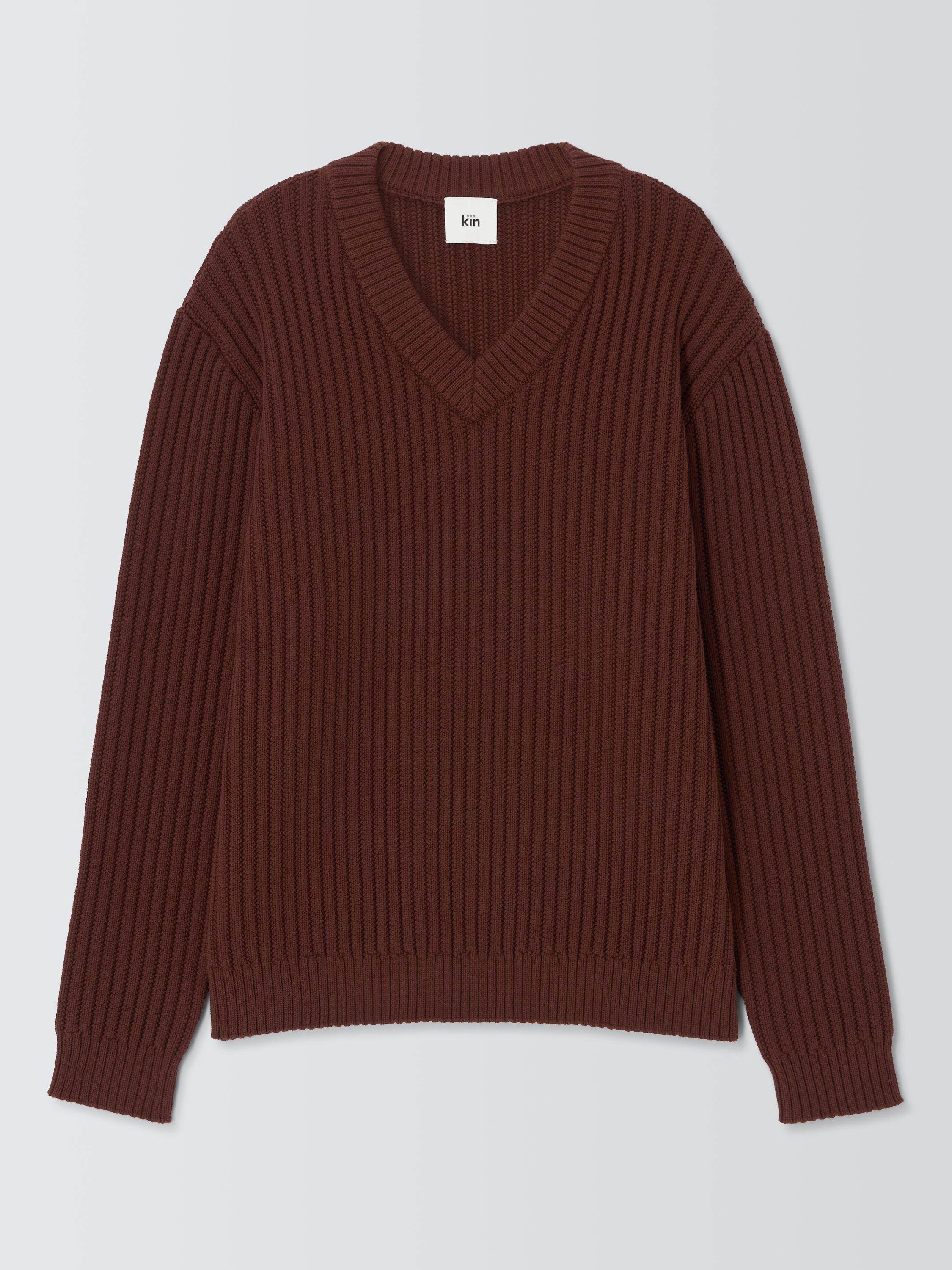 Product image 4 of 6, which shows Kin Chunky Rib Cotton Blend V-Neck Jumper, Bitter Chocolate, S