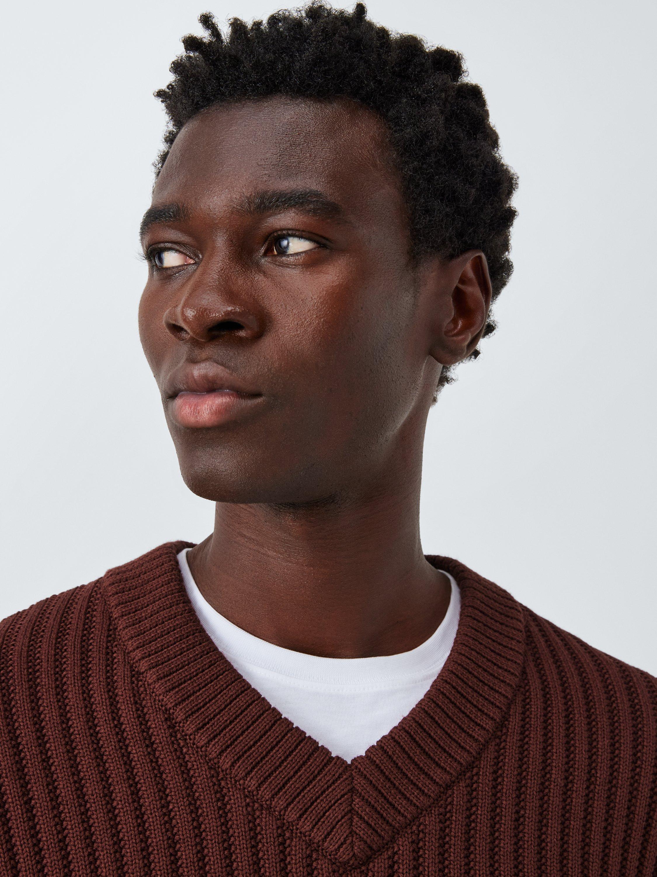 Product image 5 of 6, which shows Kin Chunky Rib Cotton Blend V-Neck Jumper, Bitter Chocolate, S