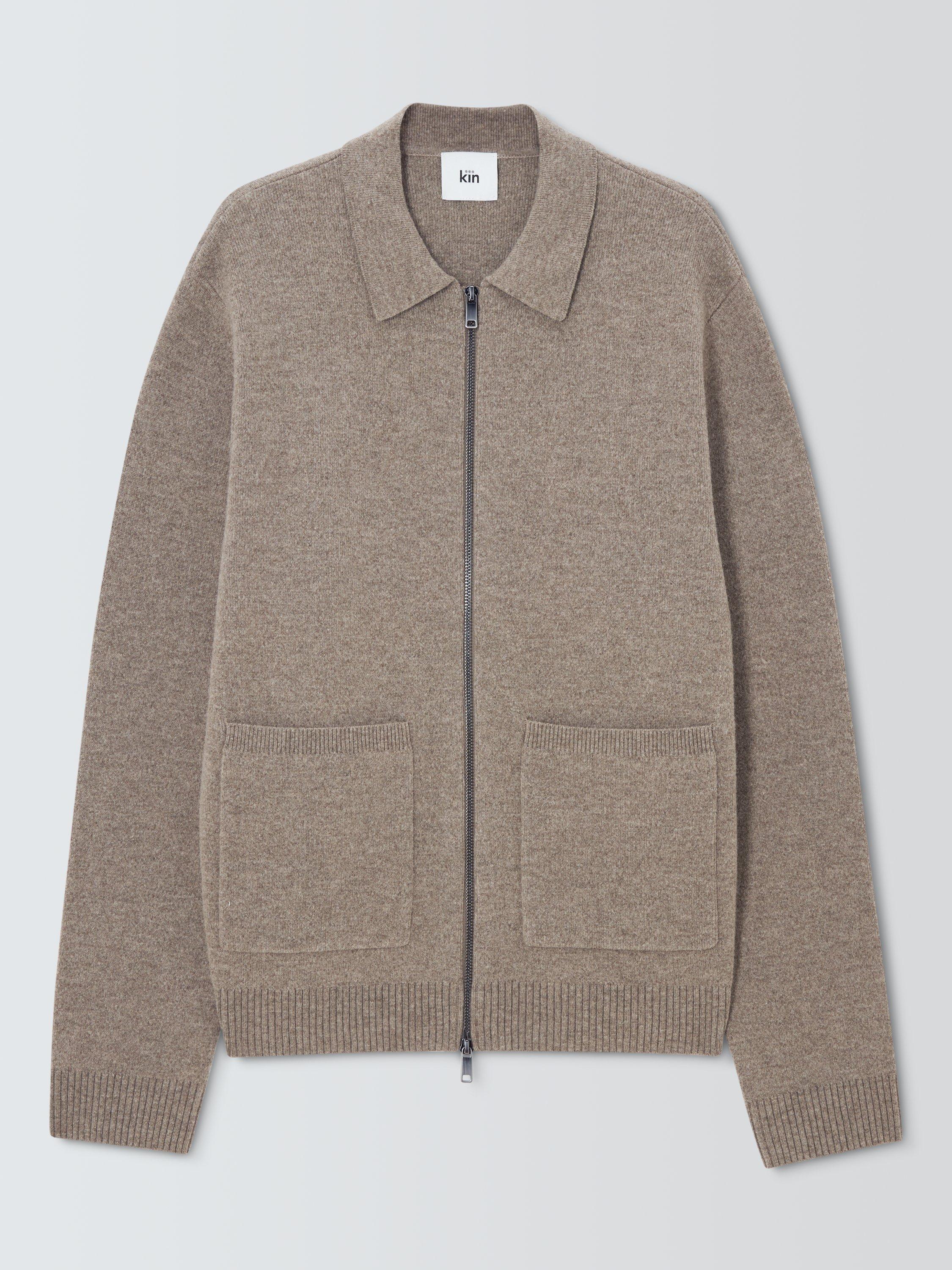 Product image 4 of 6, which shows Kin Lambswool Blend Zip Through Cardigan, Pigeon, M