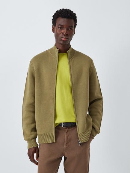 Kin Milano Zip Front Cotton Jumper, Dried Herb