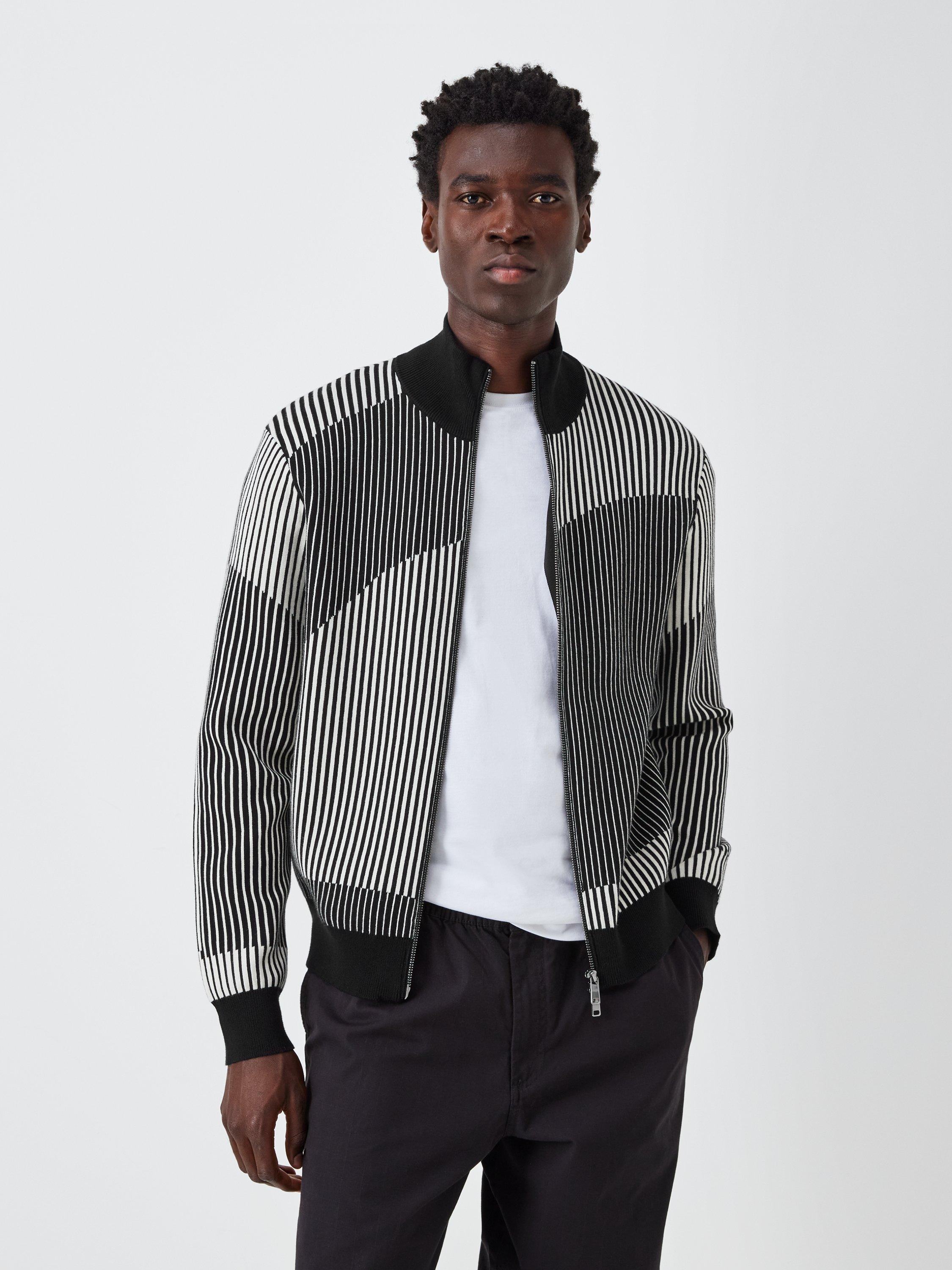 Product image 1 of 6, which shows Kin Wavy Stripe Zip Front Cotton Jumper, Monochrome, S