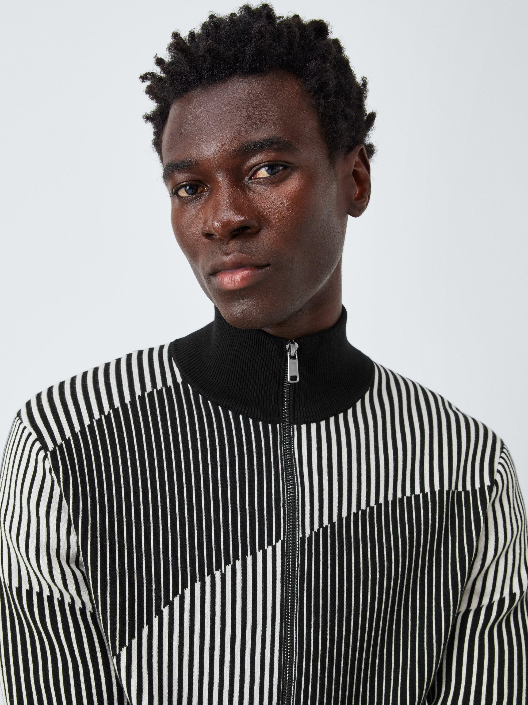 Product image 6 of 6, which shows Kin Wavy Stripe Zip Front Cotton Jumper, Monochrome, S