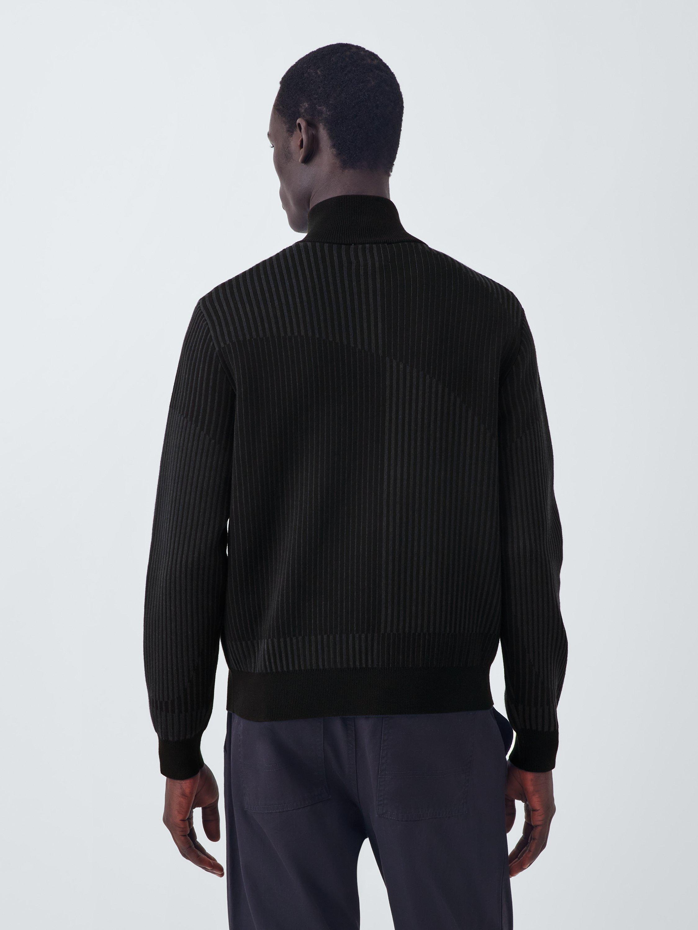 Product image 2 of 6, which shows Kin Wavy Stripe Zip Front Cotton Jumper, Dark Sapphire, L