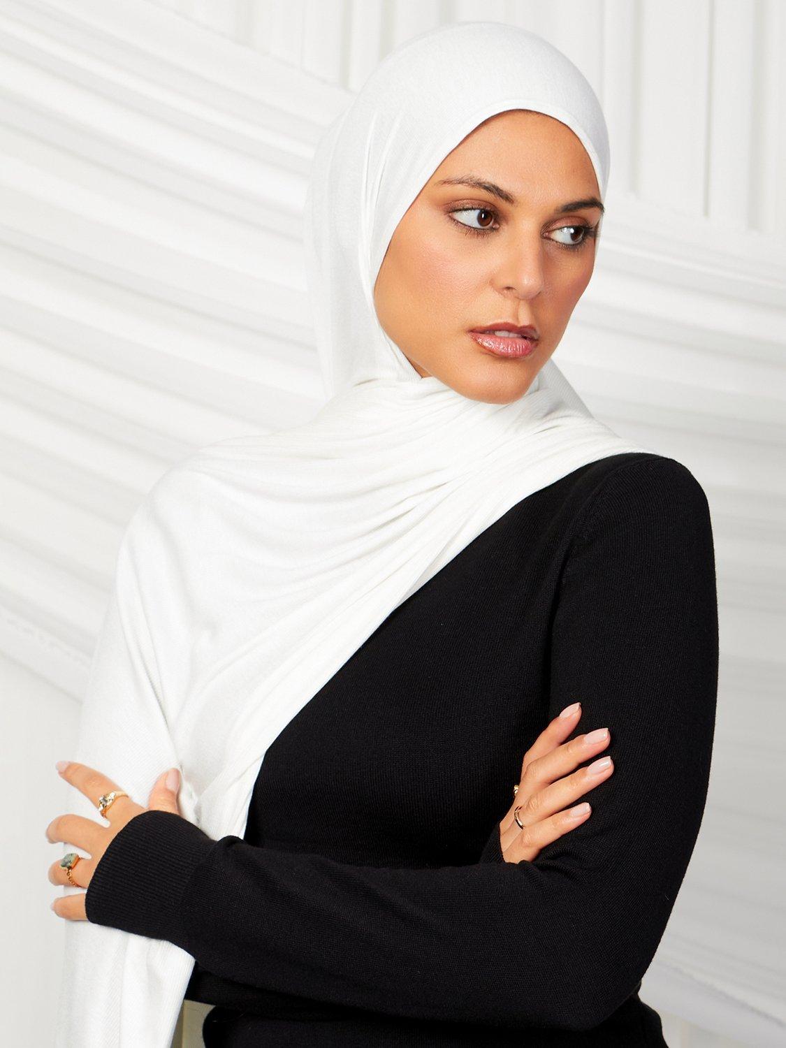 Product image 1 of 3, which shows Aab Cotton Rich Ribbed Hijab, White Off White, One Size