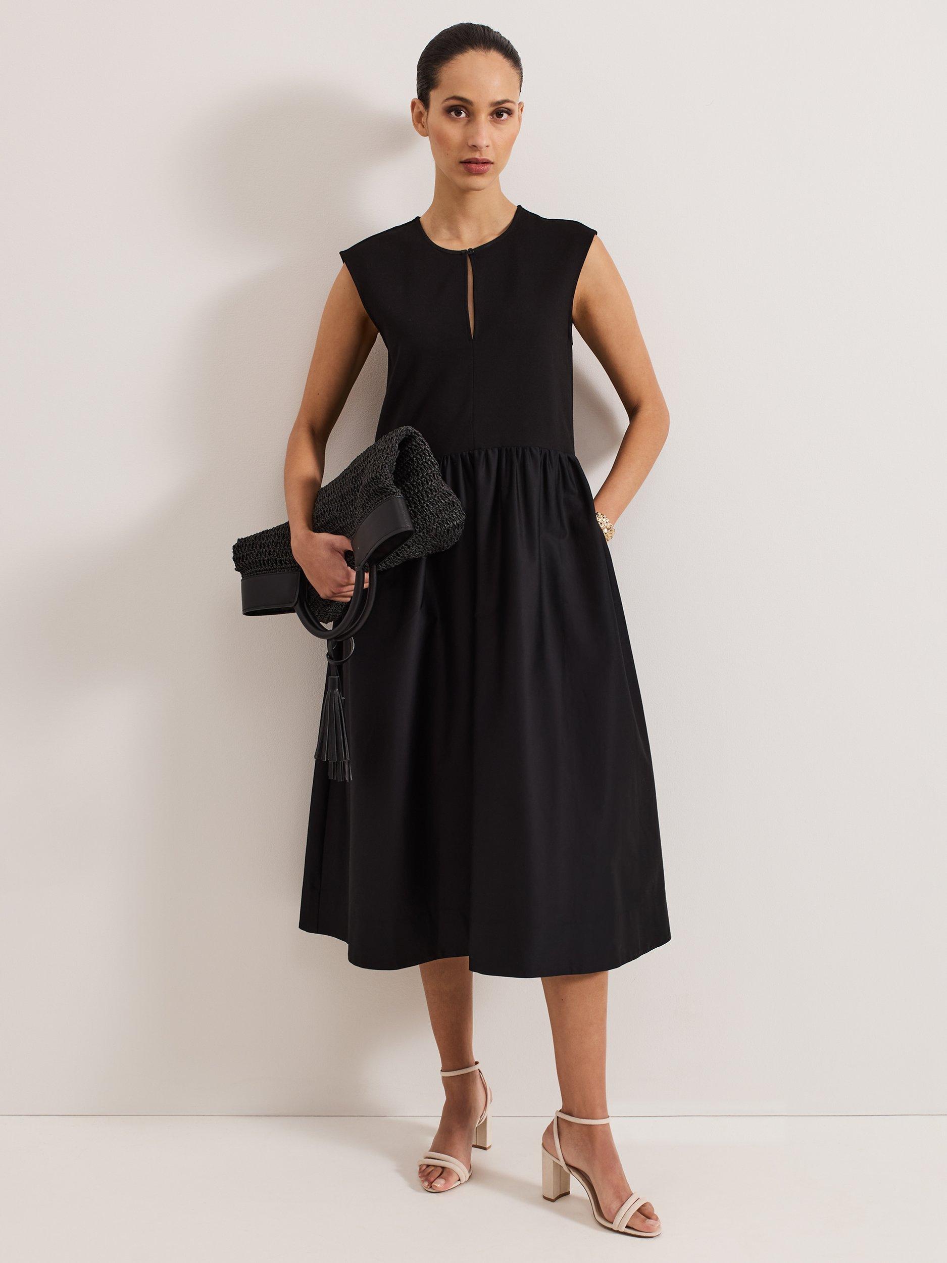 Product image 1 of 9, which shows Phase Eight Jenny Mix Woven Dress, Black, 10