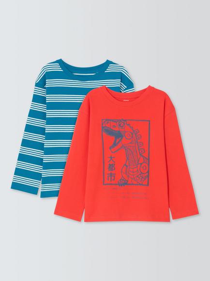John Lewis Kids' Stripe/Dinosaur Jersey Tops, Pack of 2, Multi, Multi