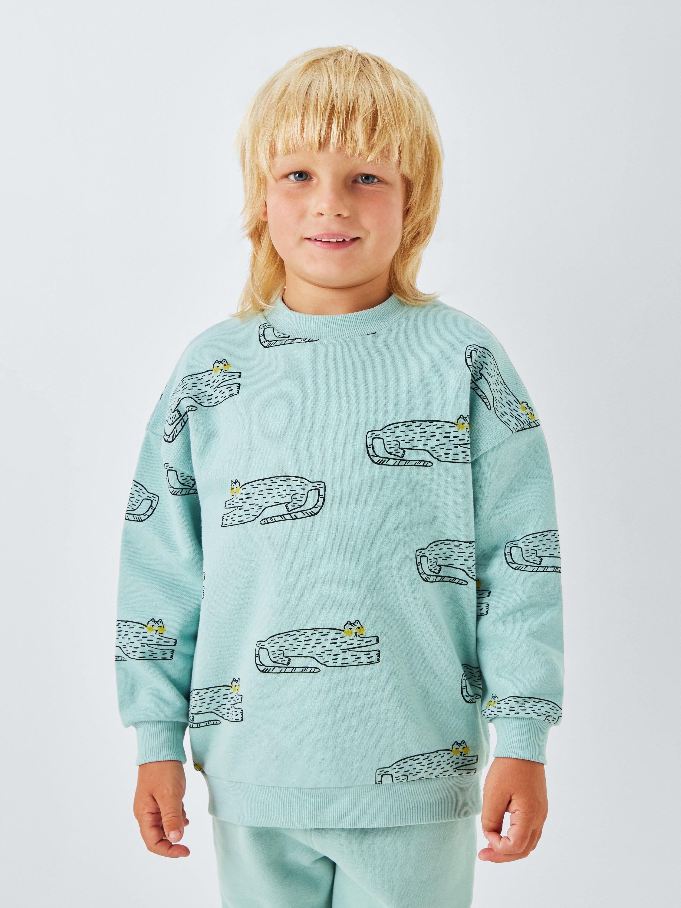 Product image 1 of 7, which shows John Lewis Kids' Cat Graphic Print Sweatshirt, Light Blue, 3 years