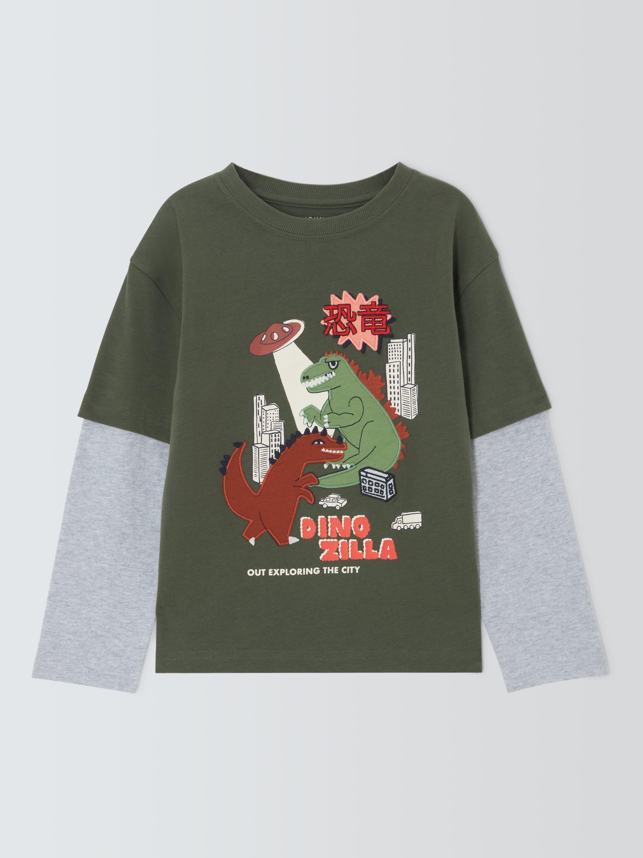 Product image 1 of 3, which shows John Lewis Kids' Dinosaur Mock Sleeve Jersey Top, Green, 3 years