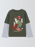 John Lewis Kids' Dinosaur Mock Sleeve Jersey Top, Green