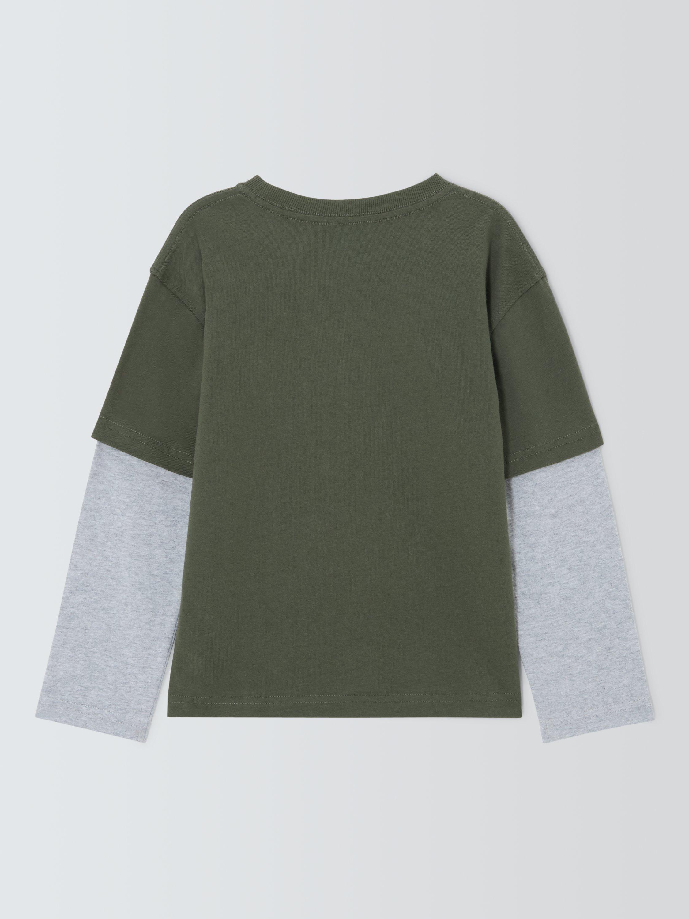 Product image 2 of 3, which shows John Lewis Kids' Dinosaur Mock Sleeve Jersey Top, Green, 3 years
