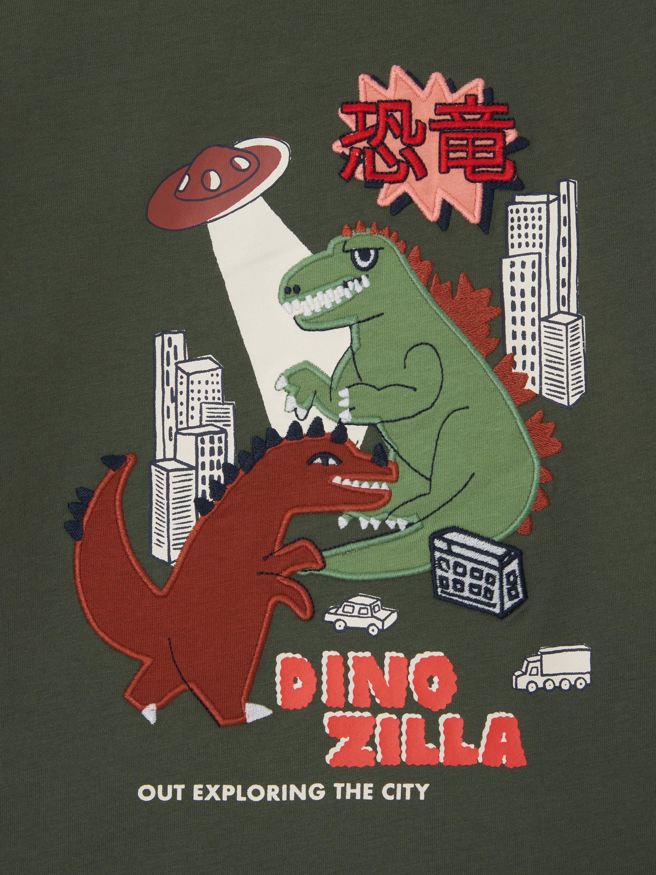 Product image 3 of 3, which shows John Lewis Kids' Dinosaur Mock Sleeve Jersey Top, Green, 3 years