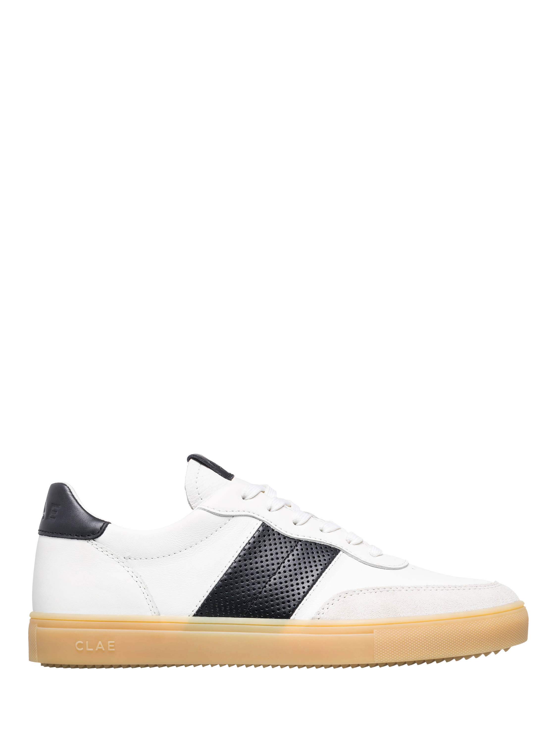 Product image 1 of 5, which shows CLAE Davis Leather Side Stripe Trainers, White/Black/Natural Gum, 4