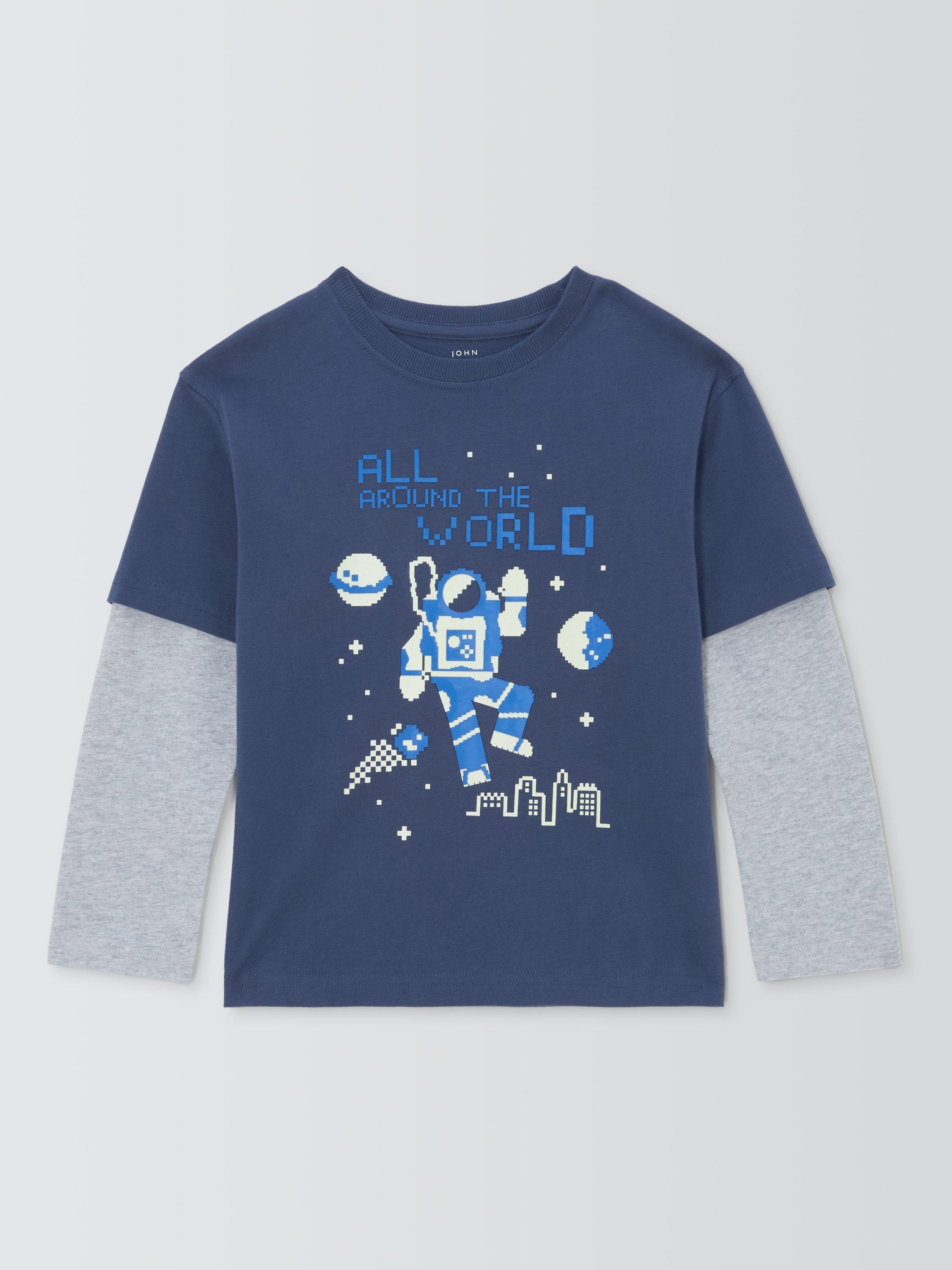Product image 1 of 3, which shows John Lewis Kids' Space Mock Sleeve Jersey Top, Crown Blue, 3 years