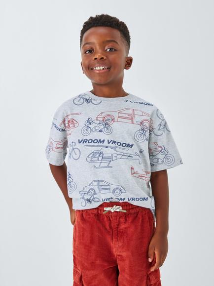 John Lewis Kids' Transport Graphic Print T-Shirt, Grey Mutli, Grey Mutli