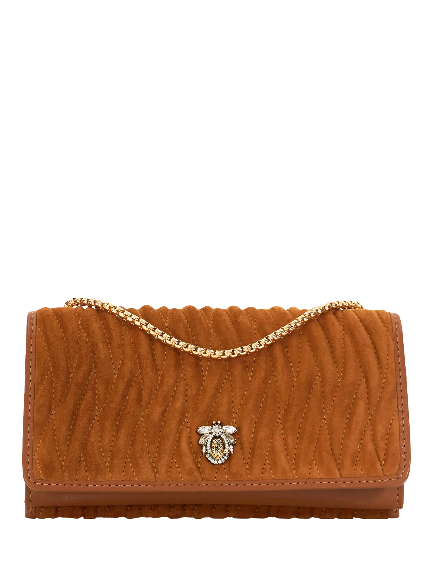 Product image 1 of 4, which shows Dune London Strong Embellished Bug Suede Crossbody Bag, Tan, One Size