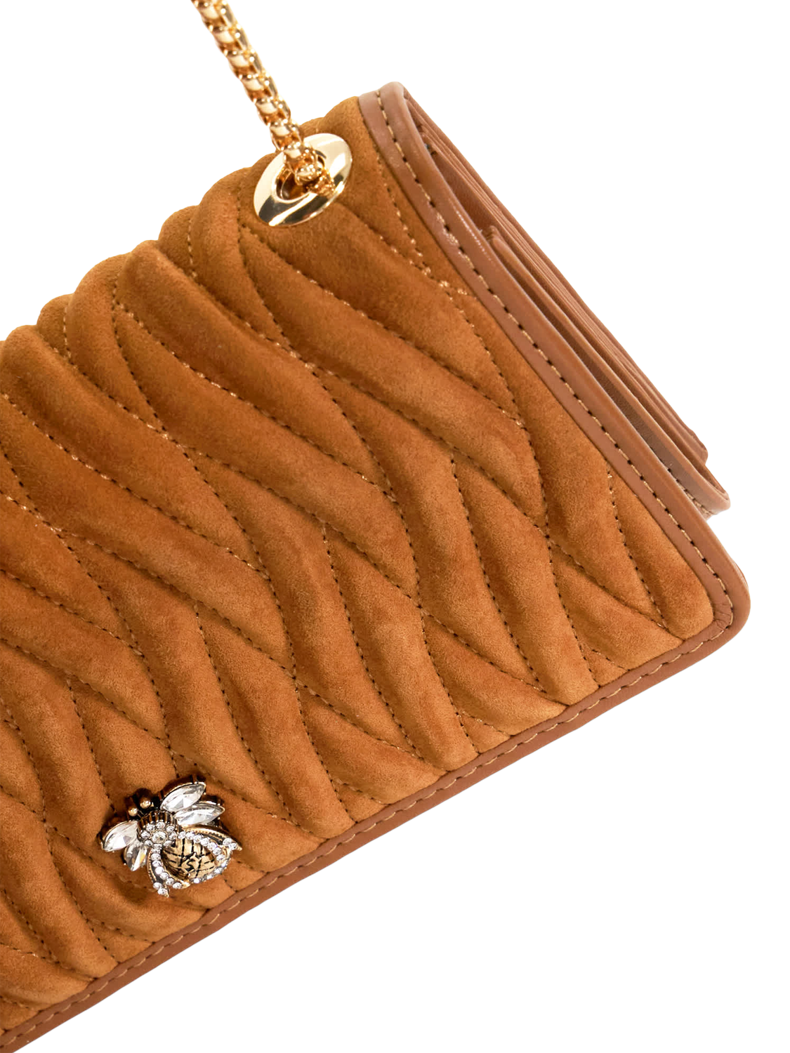 Product image 4 of 4, which shows Dune London Strong Embellished Bug Suede Crossbody Bag, Tan, One Size