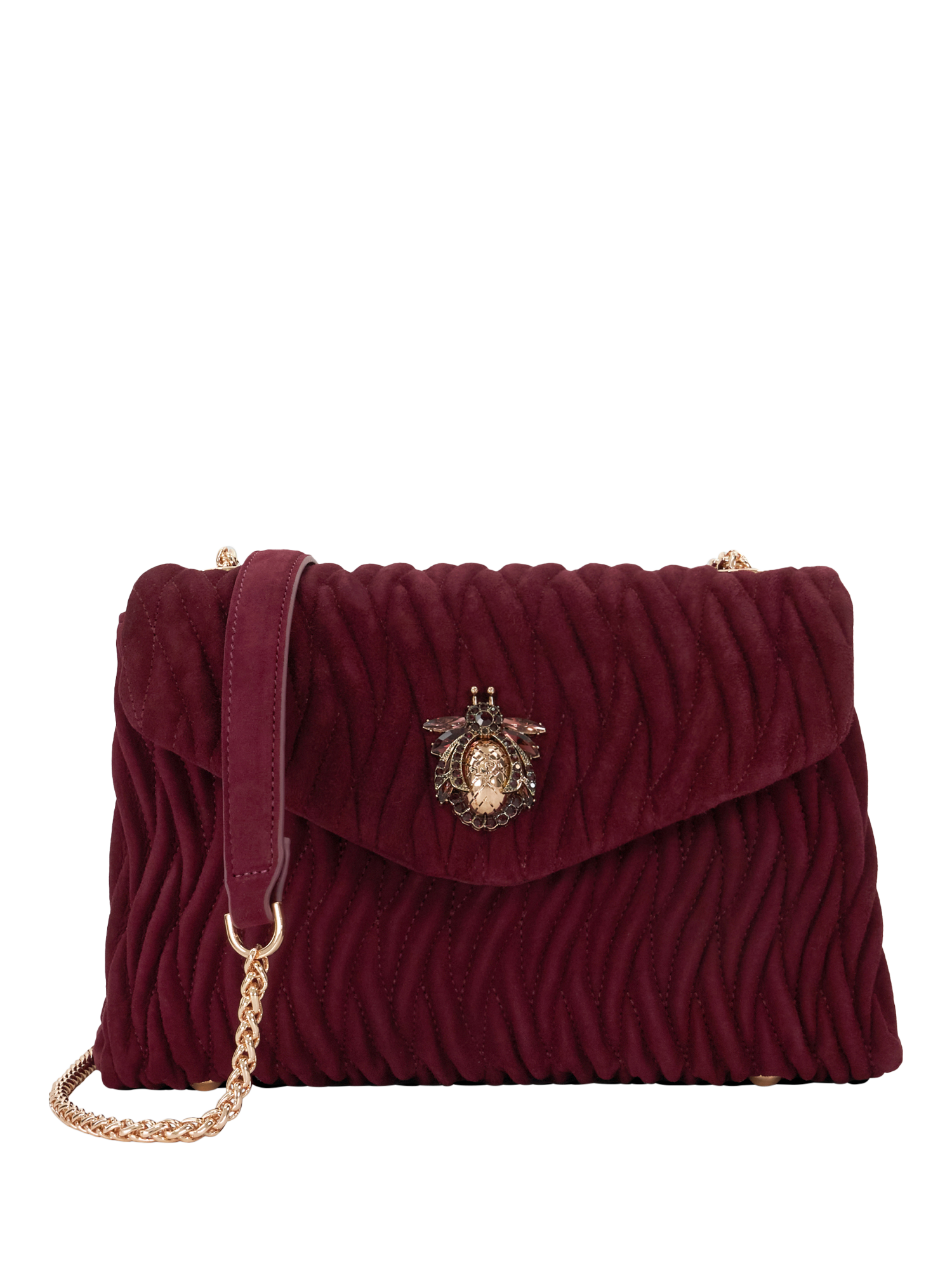 Product image 1 of 6, which shows Dune London Darling Quilted Floral Cross Body Bag, Burgundy, One Size
