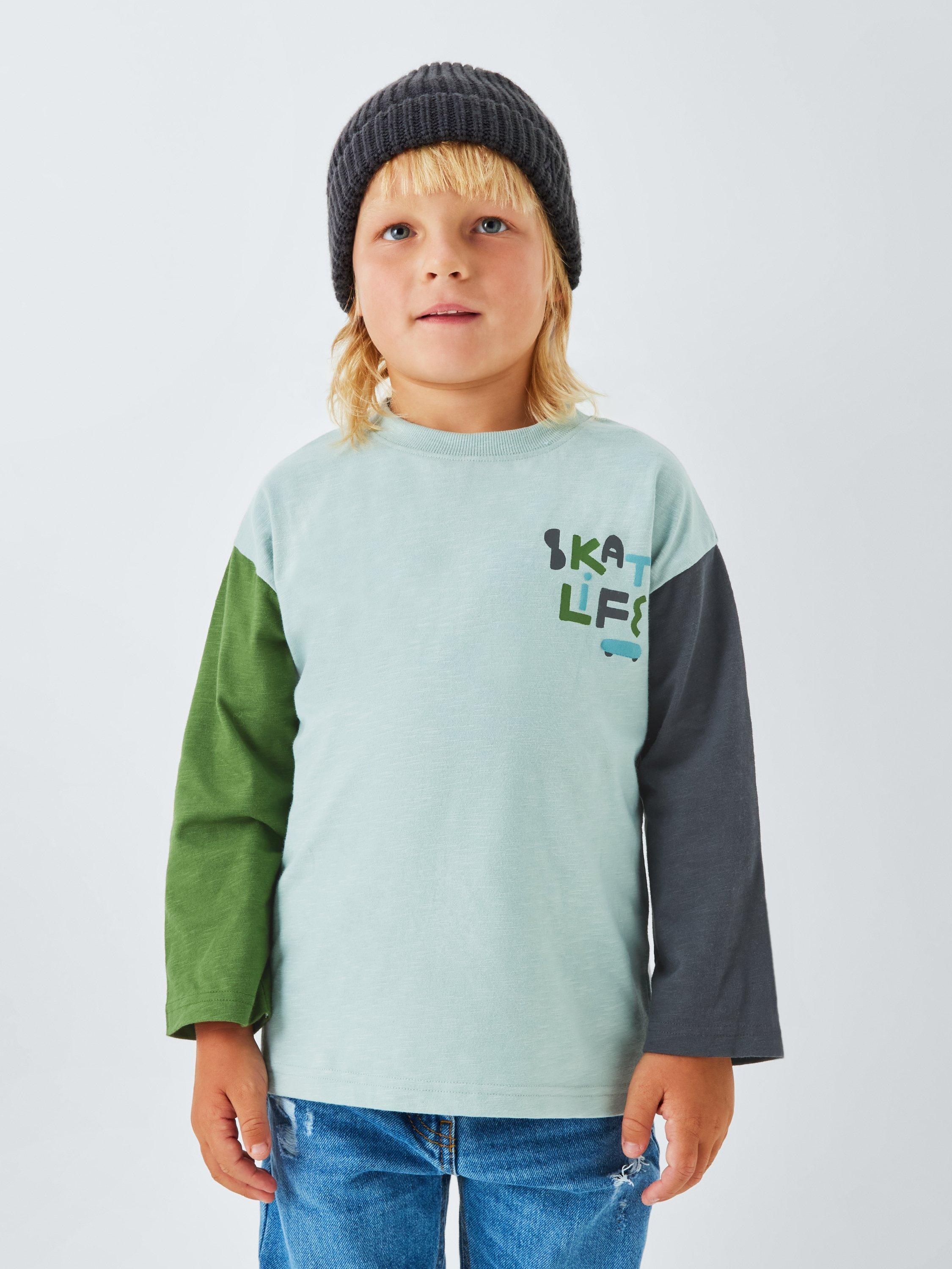 Product image 1 of 7, which shows John Lewis Kids' Skate Graphic Jersey Top, Light Blue, 3 years