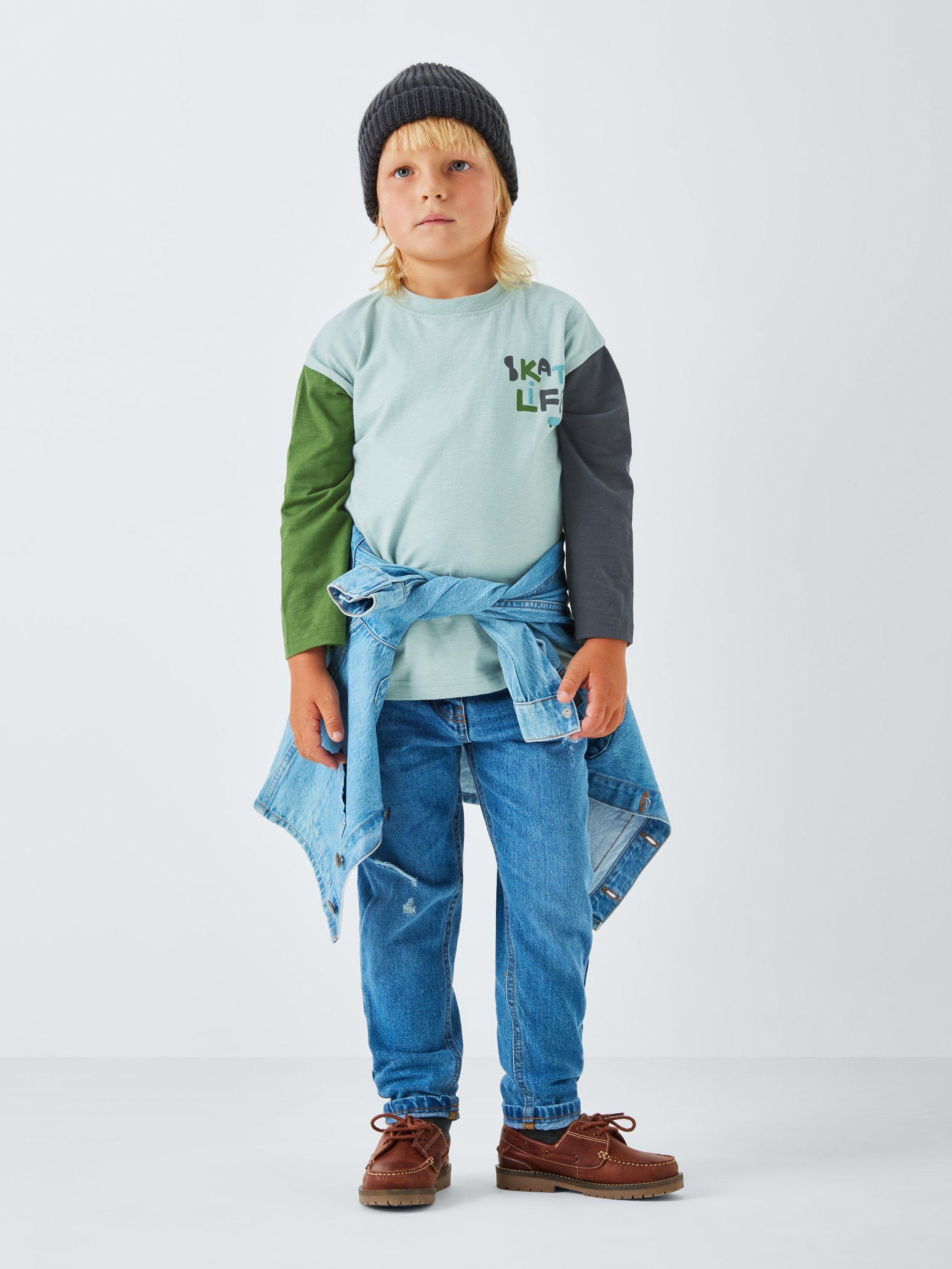 Product image 2 of 7, which shows John Lewis Kids' Skate Graphic Jersey Top, Light Blue, 3 years