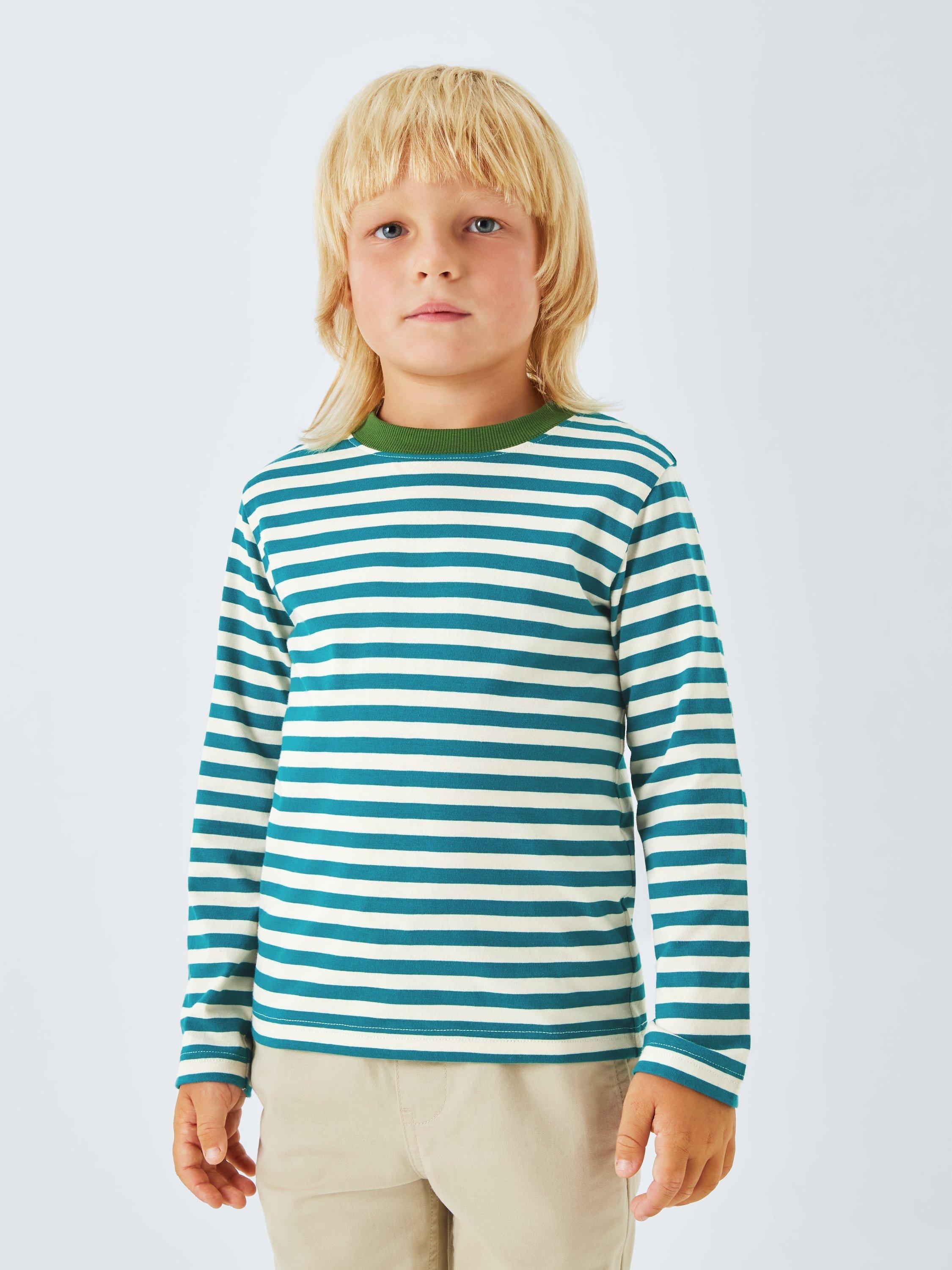 Product image 1 of 7, which shows John Lewis Kids' Stripe Long Sleeve Jersey Top, Green Stripe, 3 years