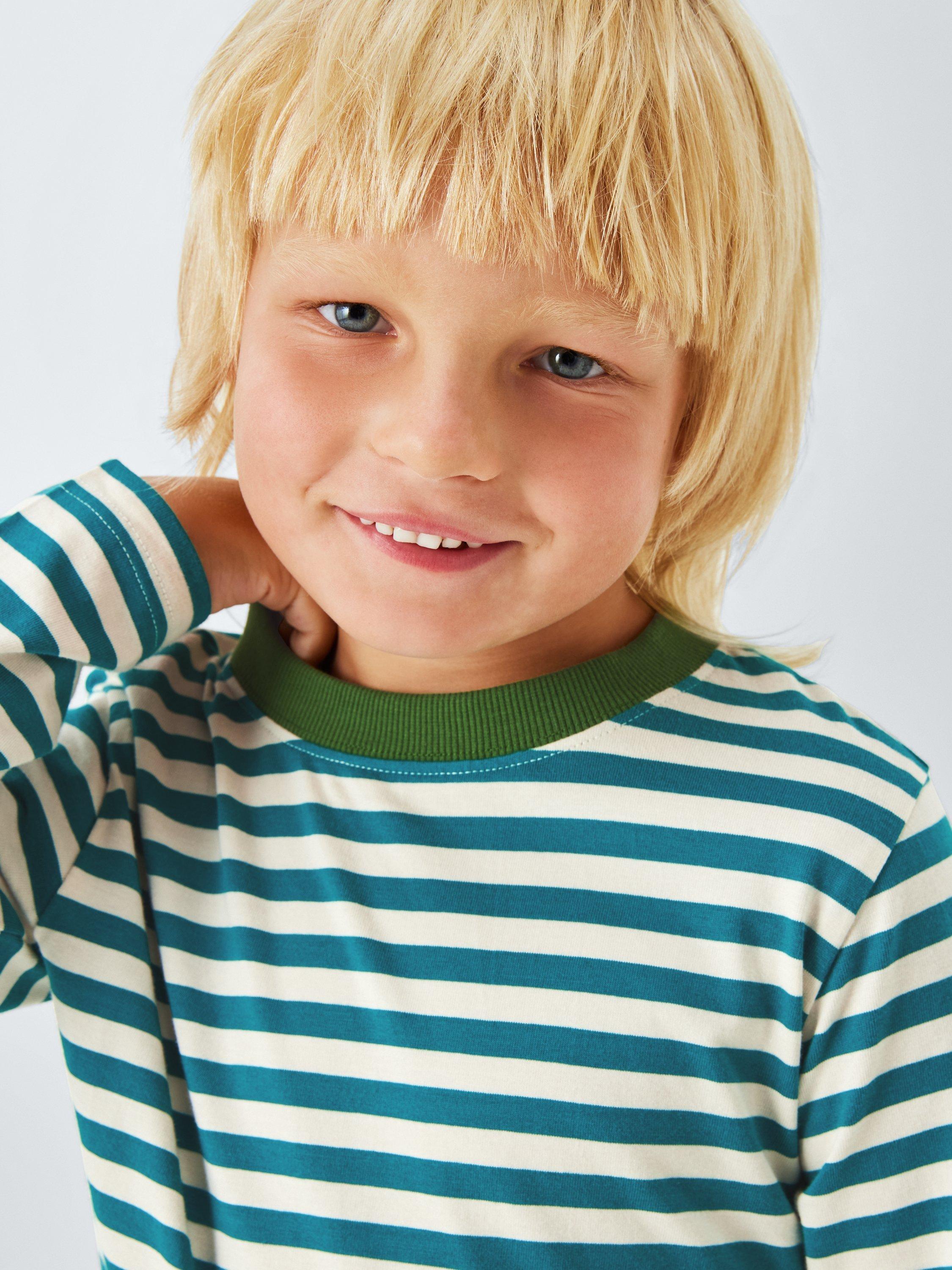 Product image 4 of 7, which shows John Lewis Kids' Stripe Long Sleeve Jersey Top, Green Stripe, 3 years
