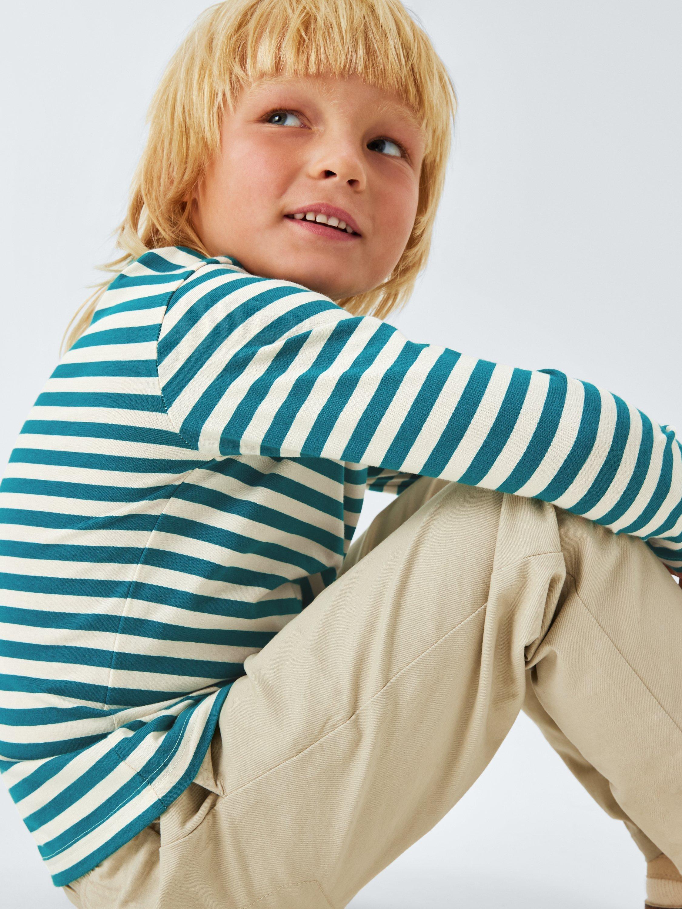 Product image 5 of 7, which shows John Lewis Kids' Stripe Long Sleeve Jersey Top, Green Stripe, 3 years