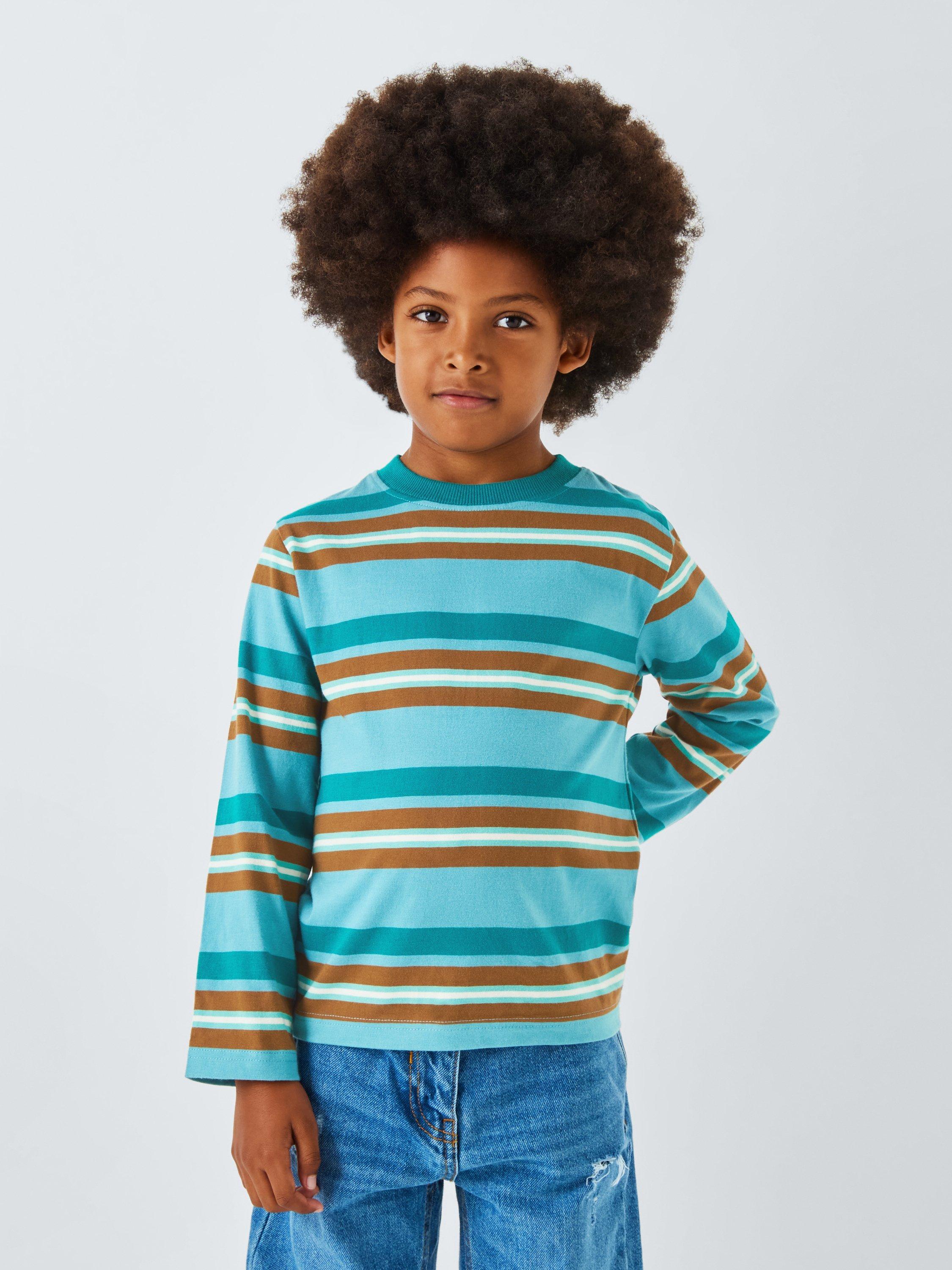Product image 1 of 7, which shows John Lewis Kids' Bold Stripe Long Sleeve Top, Green Stripe, 3 years