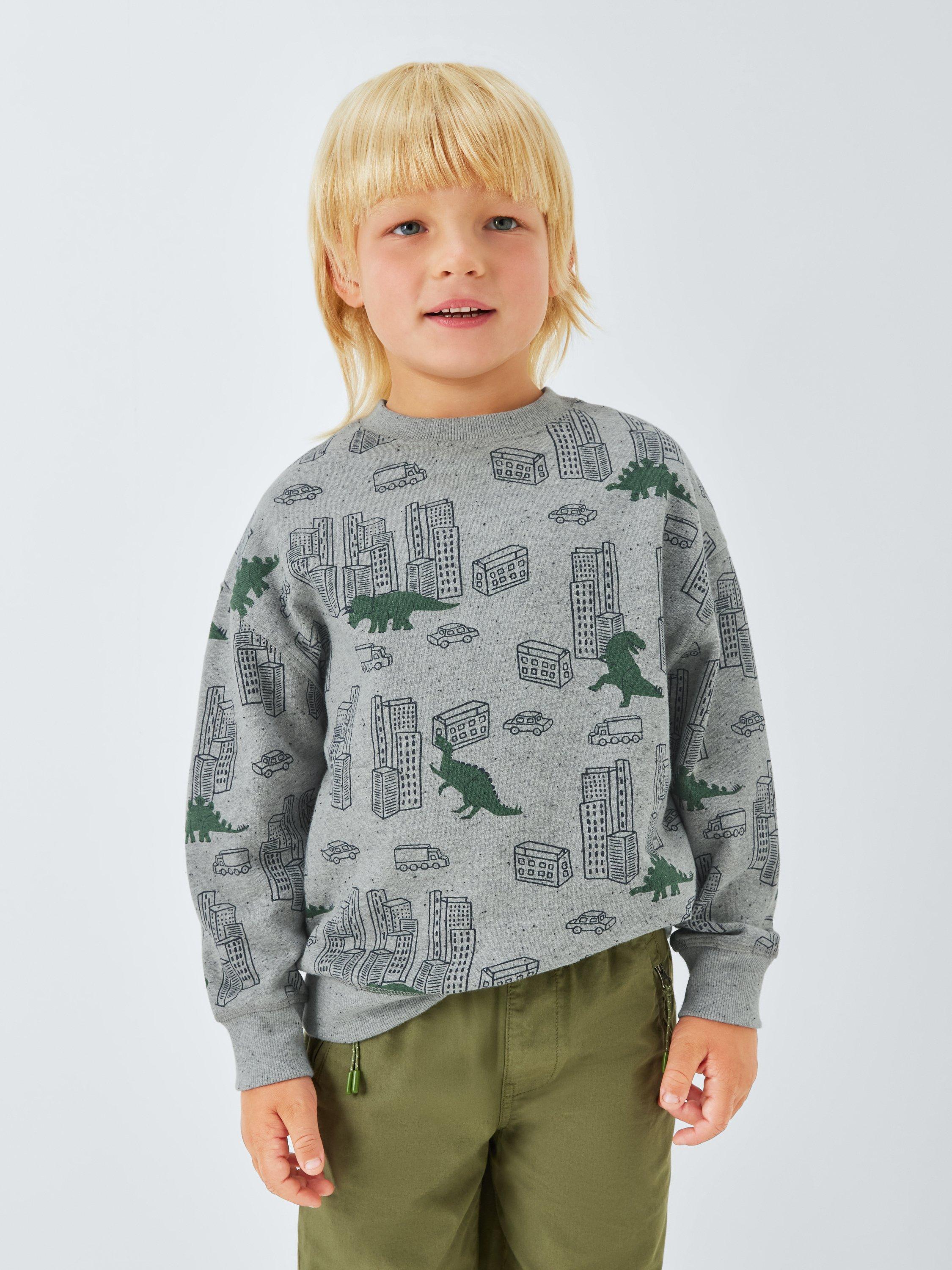 Product image 1 of 7, which shows John Lewis Kids' Dinosaur City Sweatshirt, Grey Mutli, 6 years