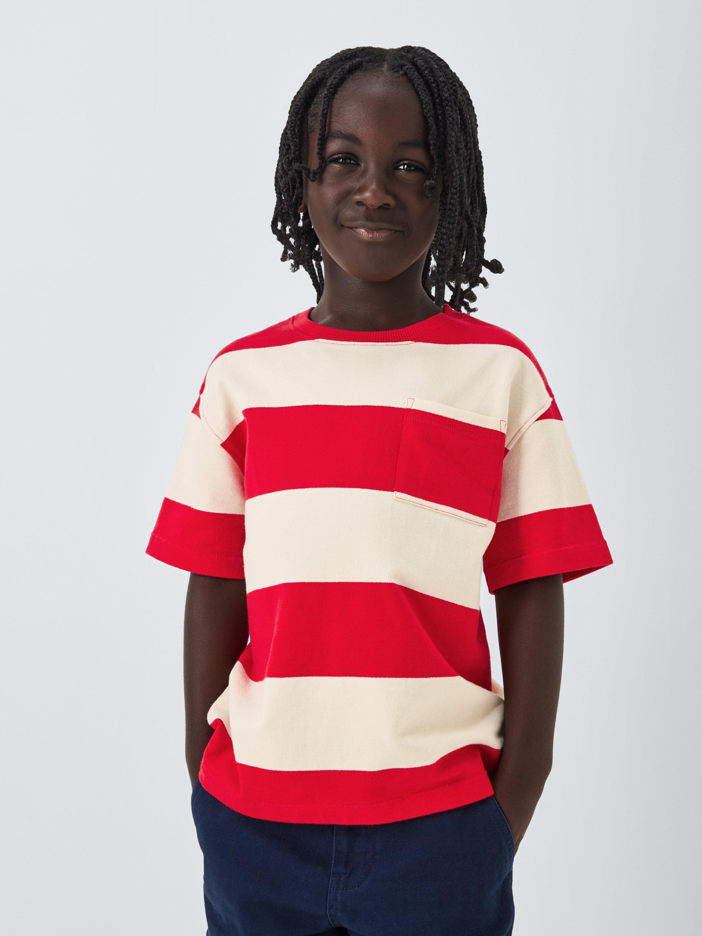 Product image 1 of 7, which shows John Lewis Kids' Block Stripe T-Shirt, Red/White, 6 years