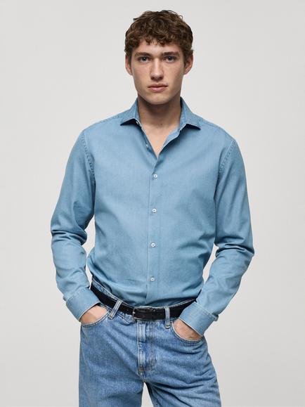 Mango Cotton Regular Fit Print Shirt, Sky Blue, Open Blue