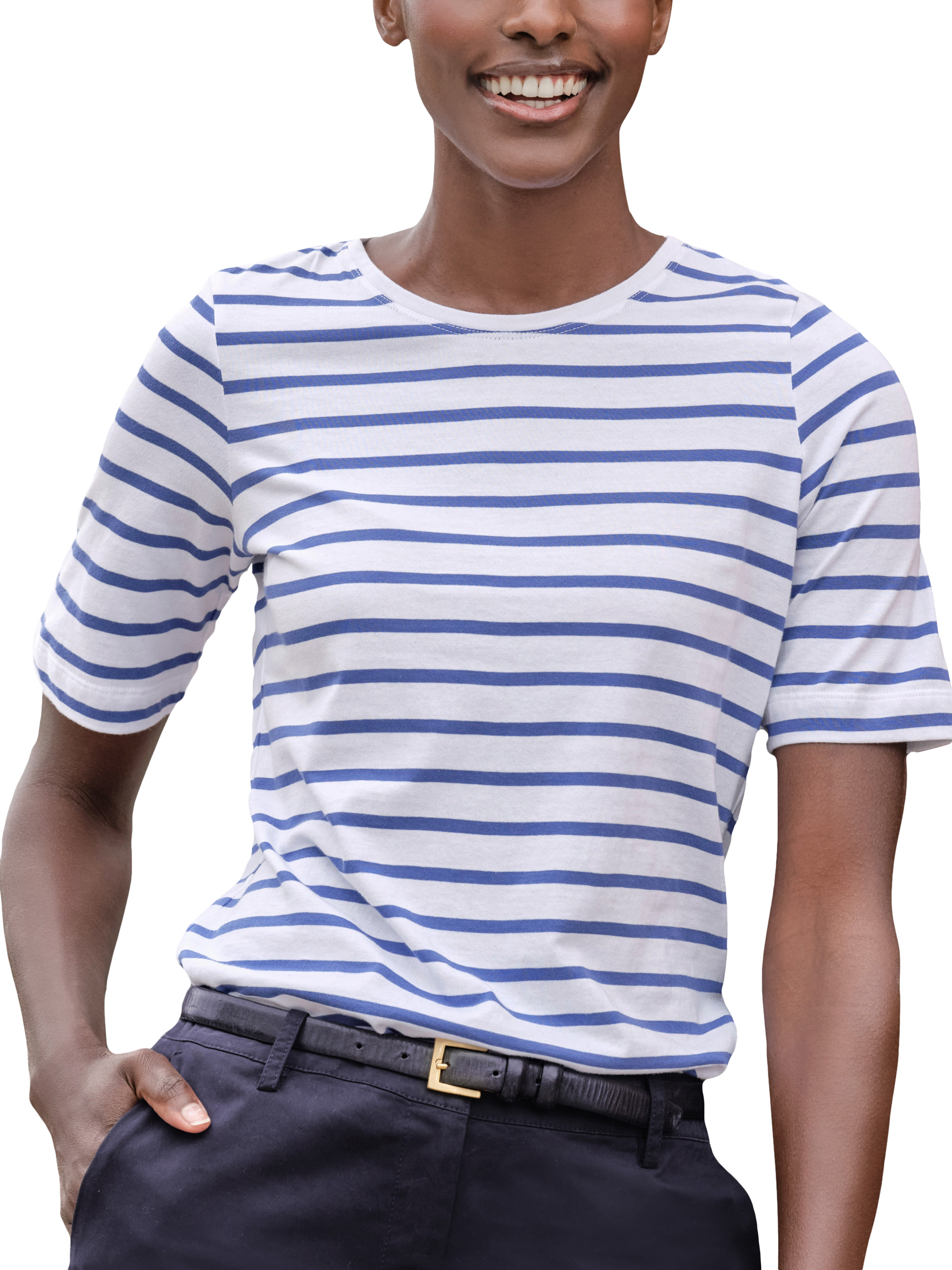 Product image 1 of 3, which shows Pure Collection Super Soft Cotton Stripe T-Shirt, Blue/Multi, 8
