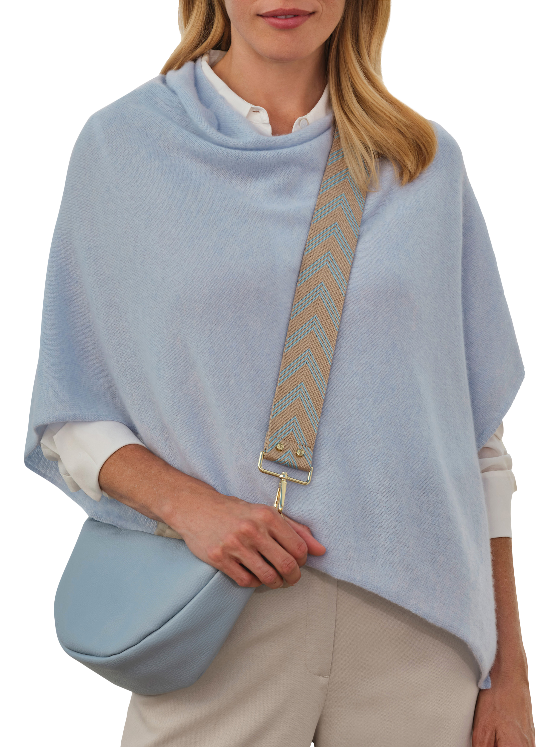 Product image 1 of 2, which shows Pure Collection Pure Gassato Cashmere Poncho, Cloud Blue, One Size