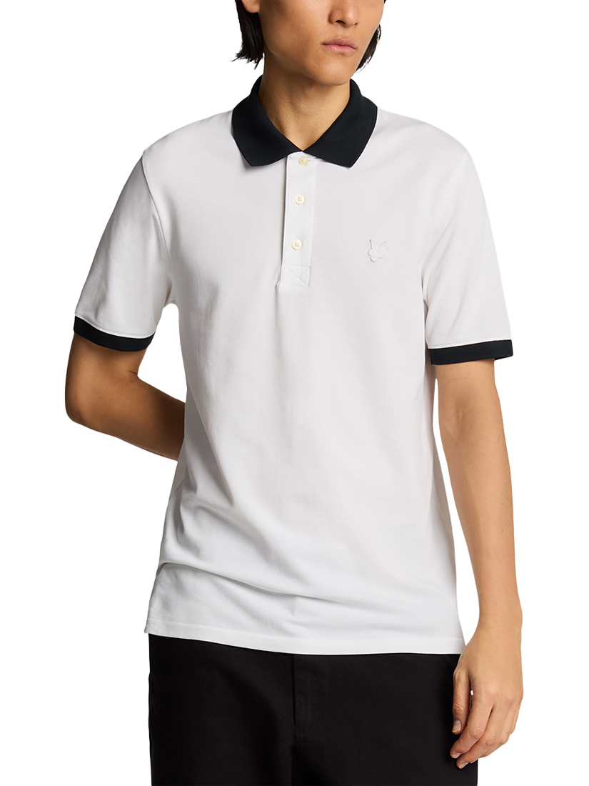 Product image 1 of 5, which shows Lyle & Scott Superfine Cotton Blend Ringer Polo Shirt, White/Dark Navy, XS
