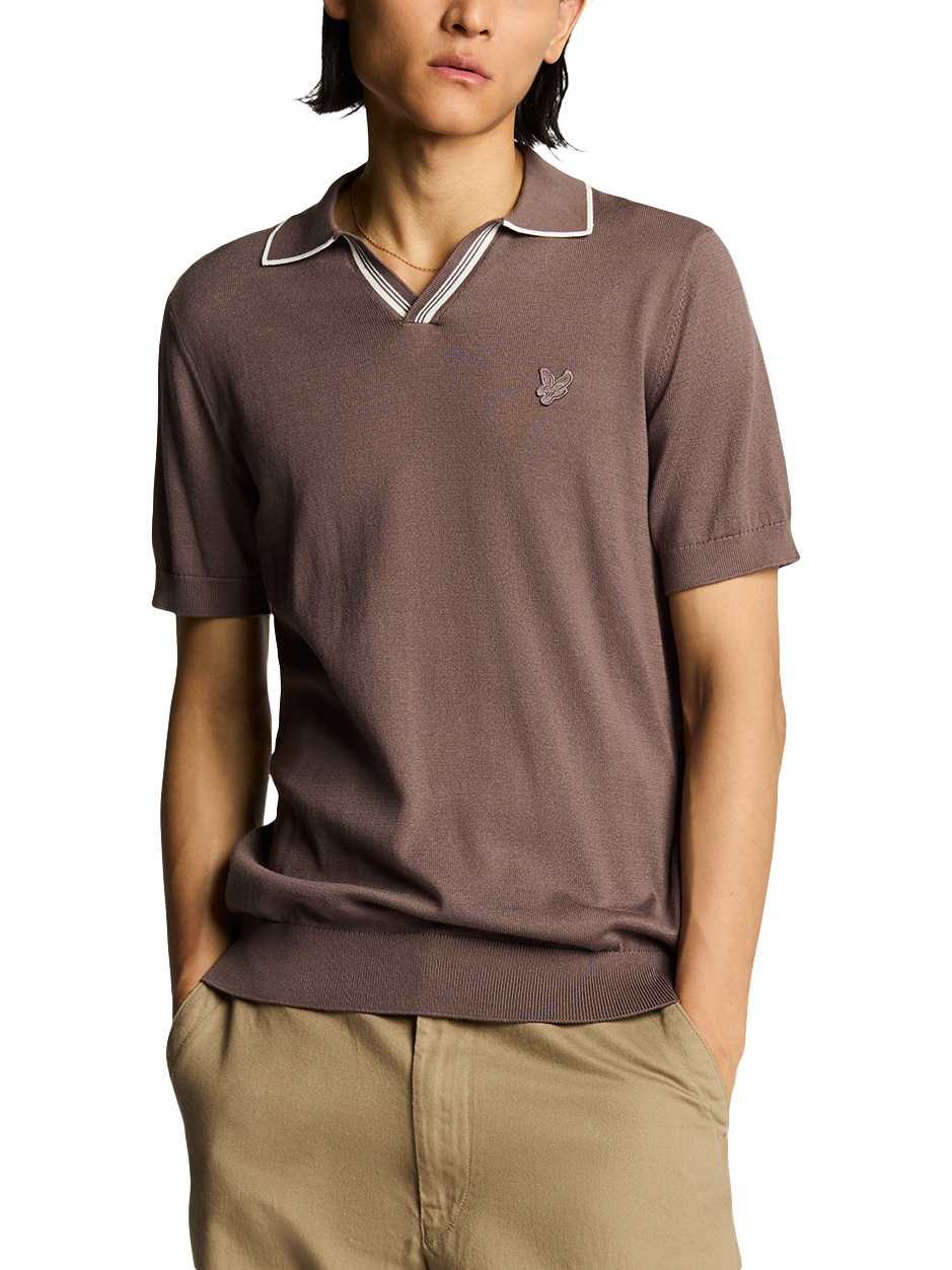 Product image 1 of 3, which shows Lyle & Scott Tipped Cotton Knitted Polo Shirt, Plum Truffle, S