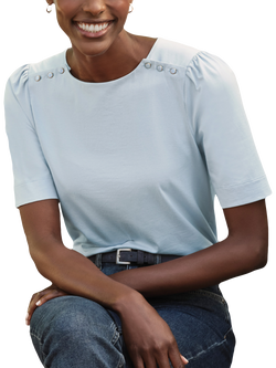 Pure Collection Button Shoulder Organic Cotton Rich Top, Blue, Blue