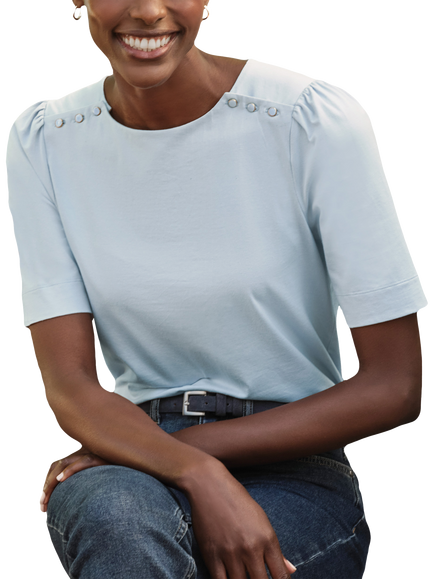 Pure Collection Button Shoulder Organic Cotton Rich Top, Blue, Blue